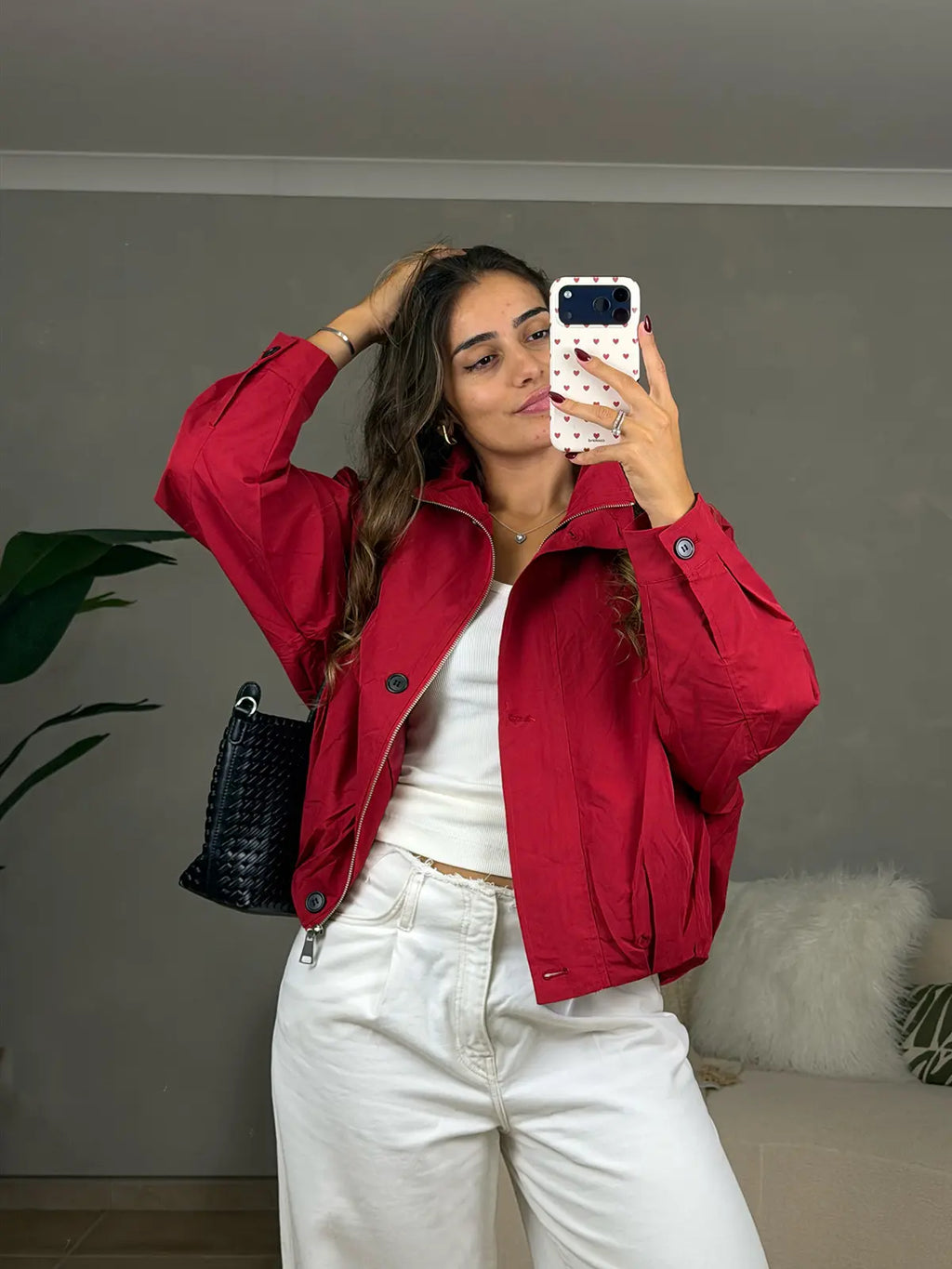 Funnel-neck Red Bomber Jacket
