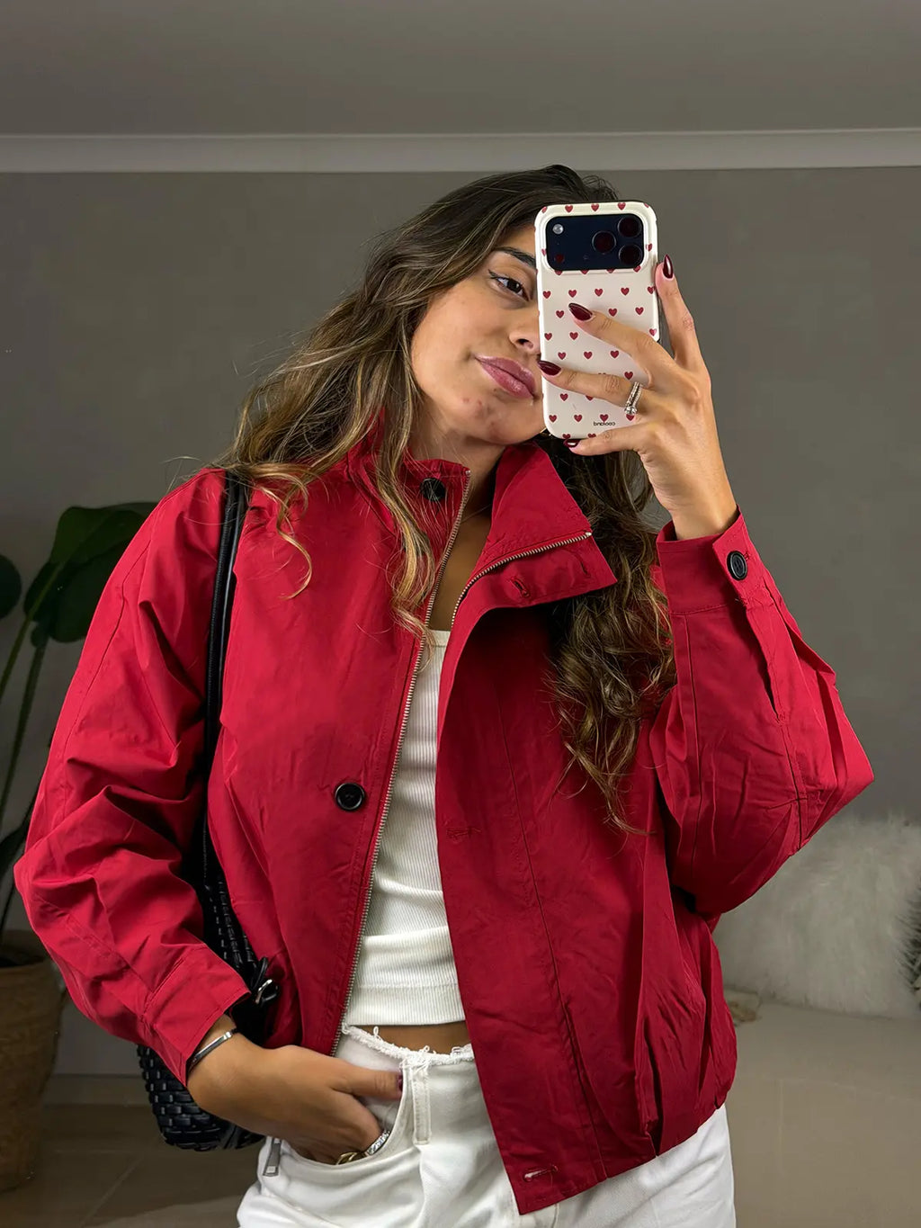Funnel-neck Red Bomber Jacket