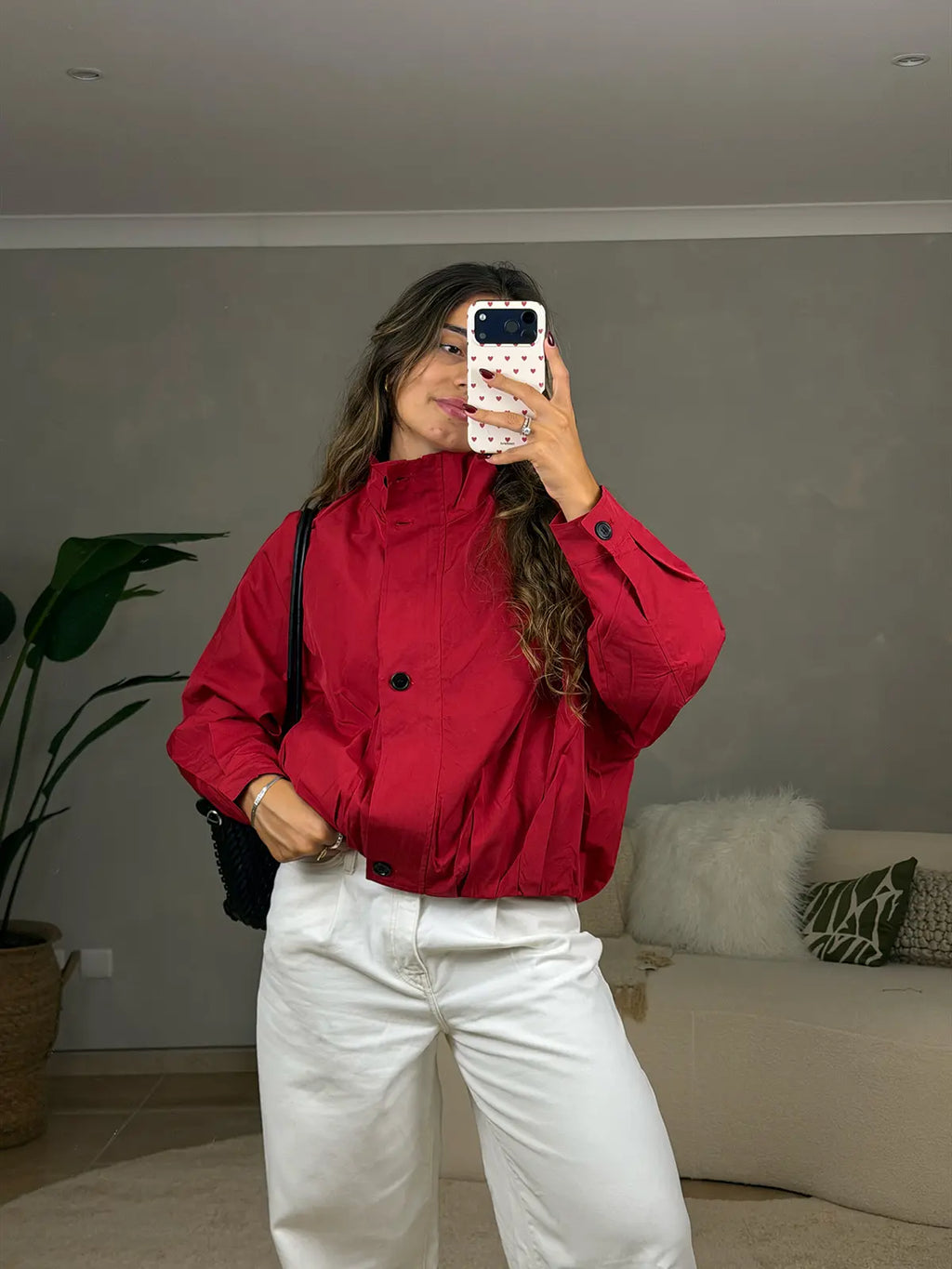 Funnel-neck Red Bomber Jacket