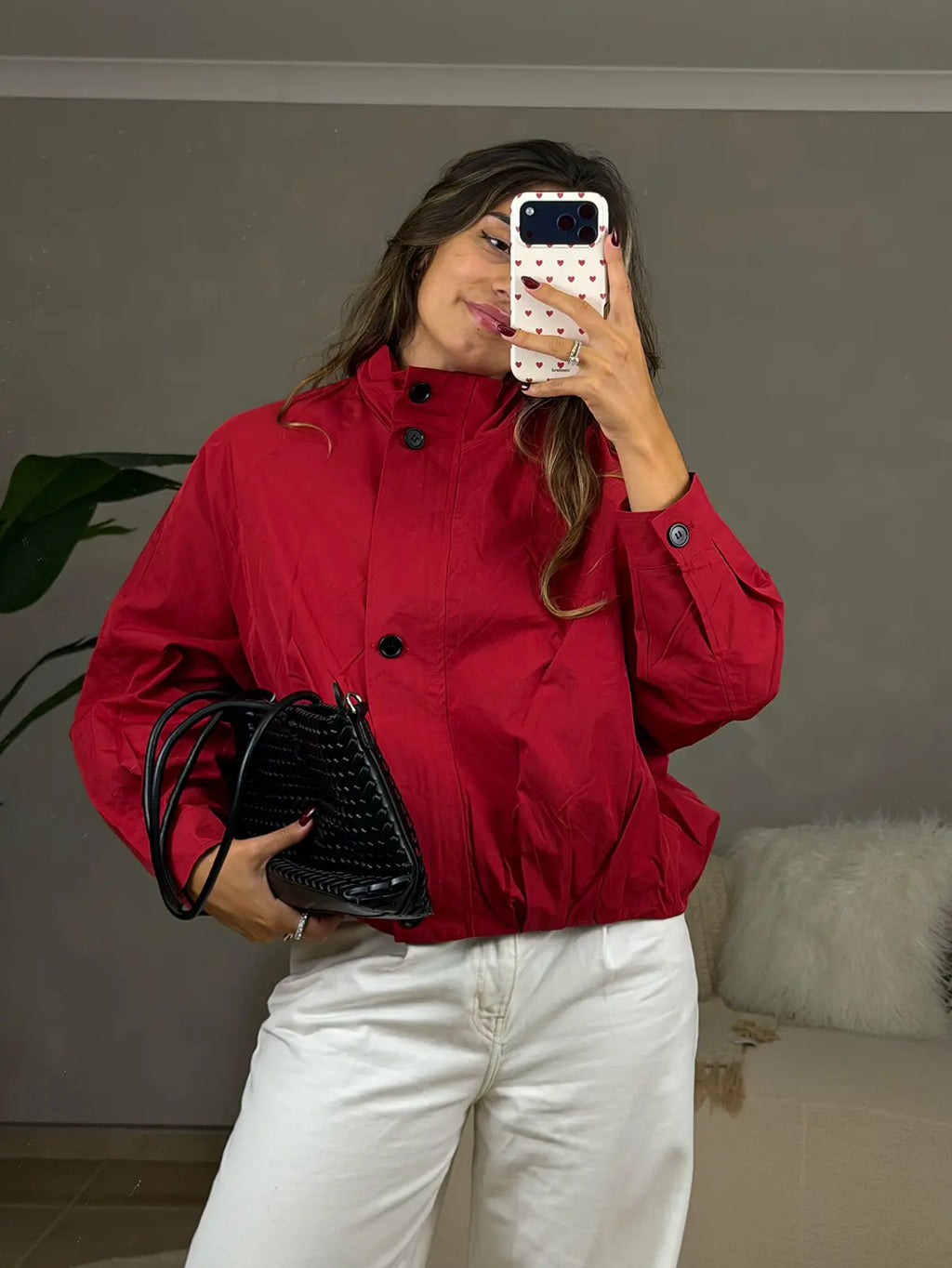 Funnel-neck Red Bomber Jacket