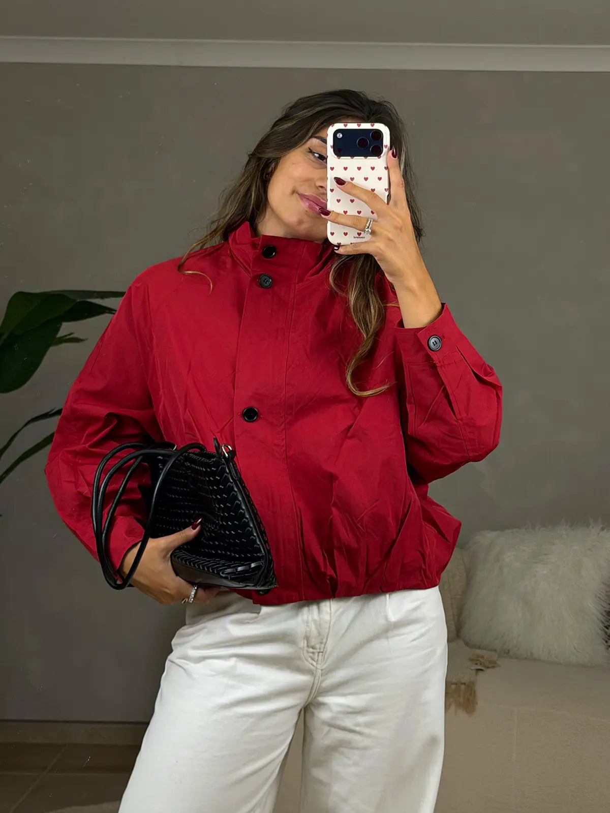 Funnel-neck Red Bomber Jacket