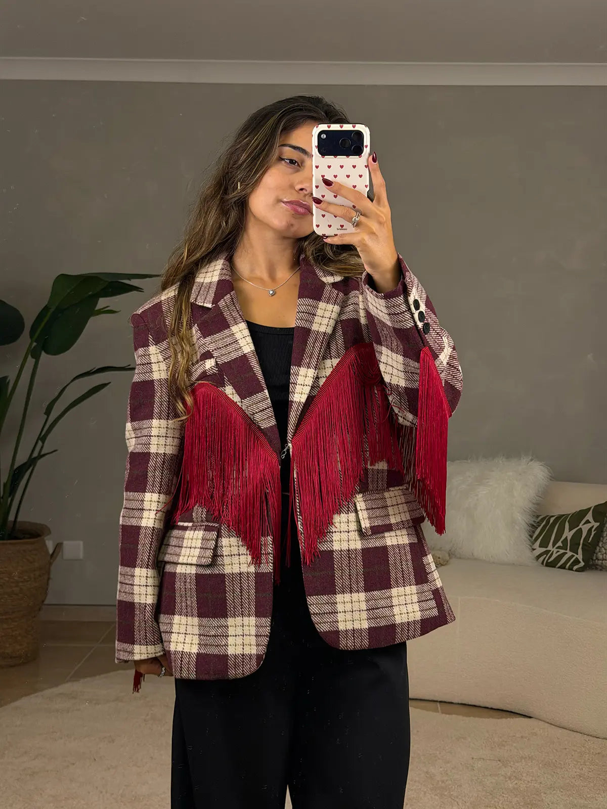 Blazer Padrão Escocês com Franjas