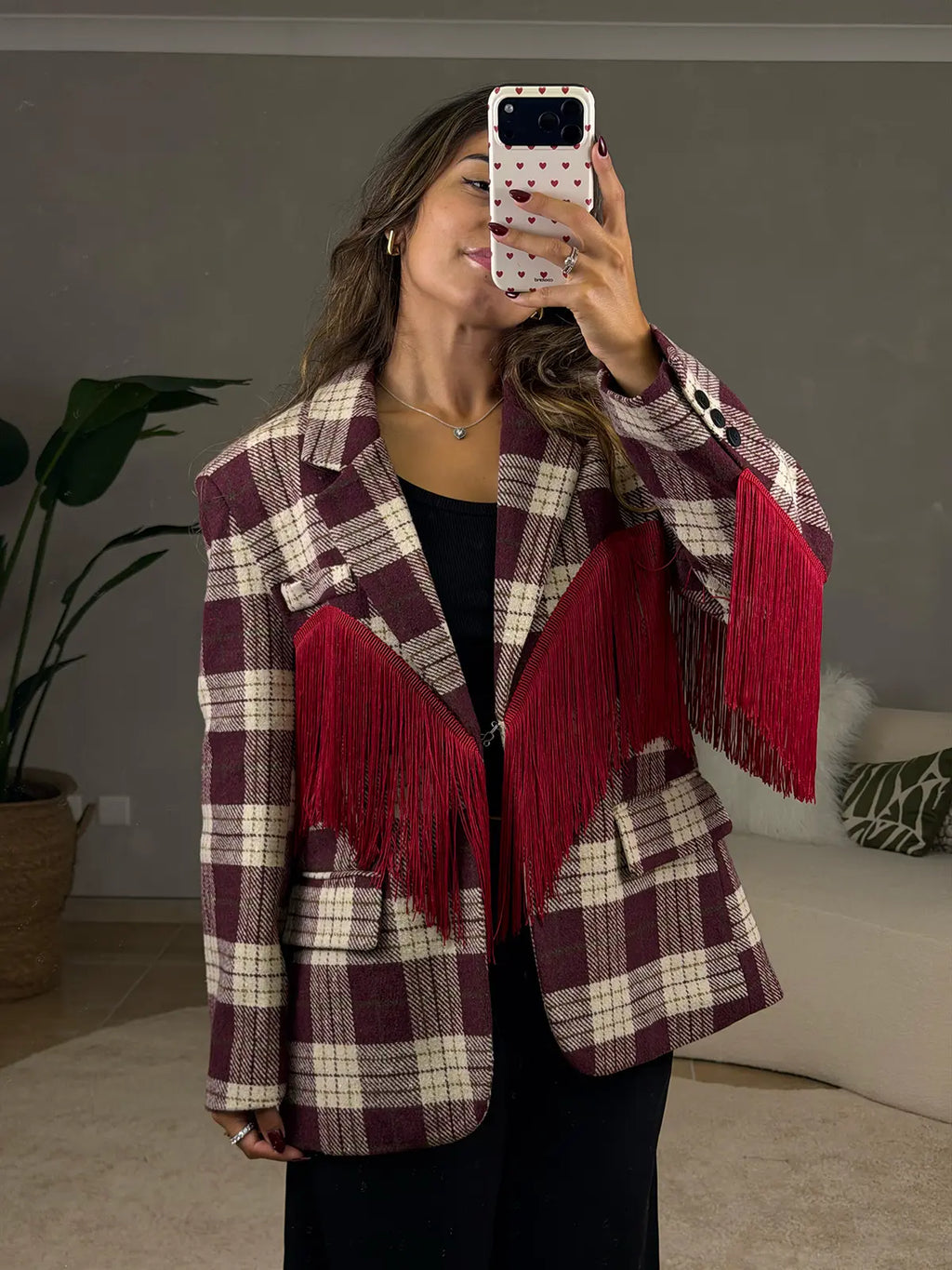 Blazer Padrão Escocês com Franjas