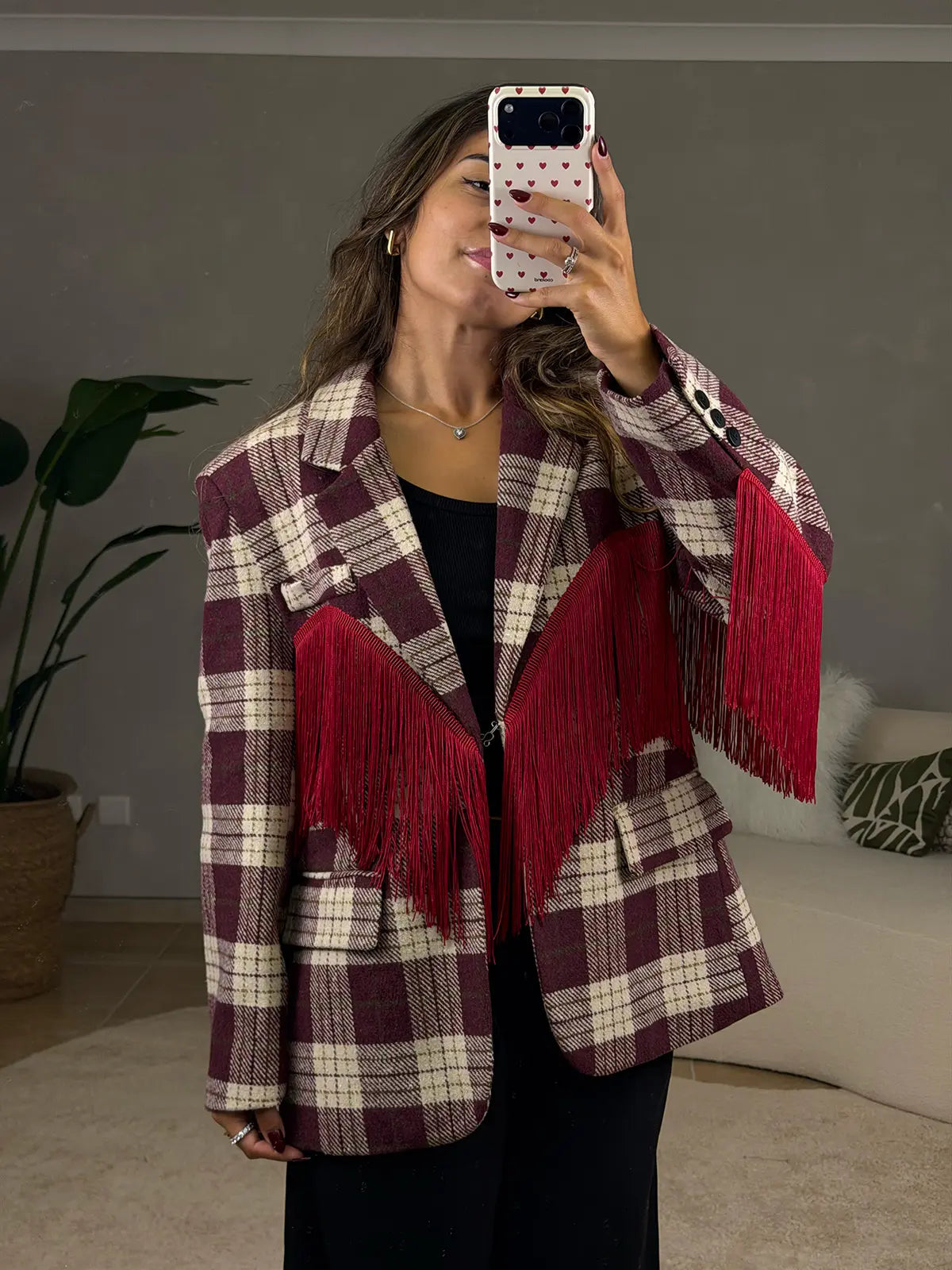 Blazer Padrão Escocês com Franjas