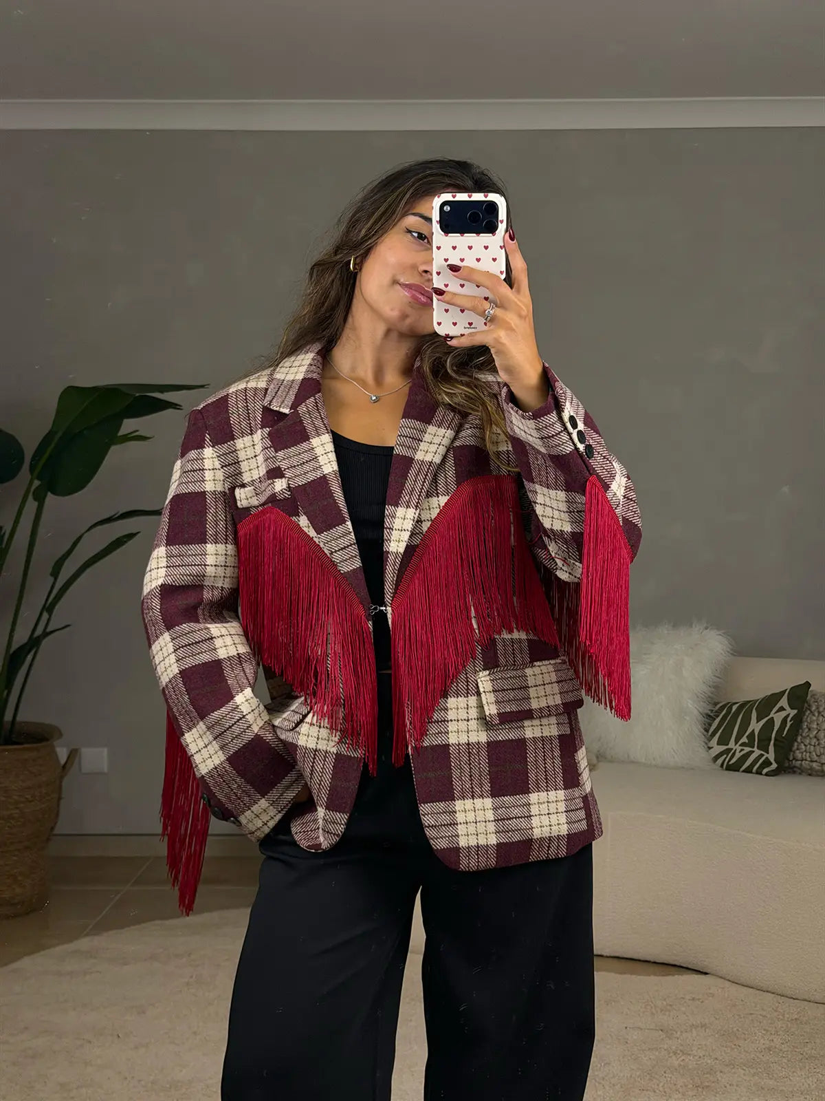 Blazer Padrão Escocês com Franjas