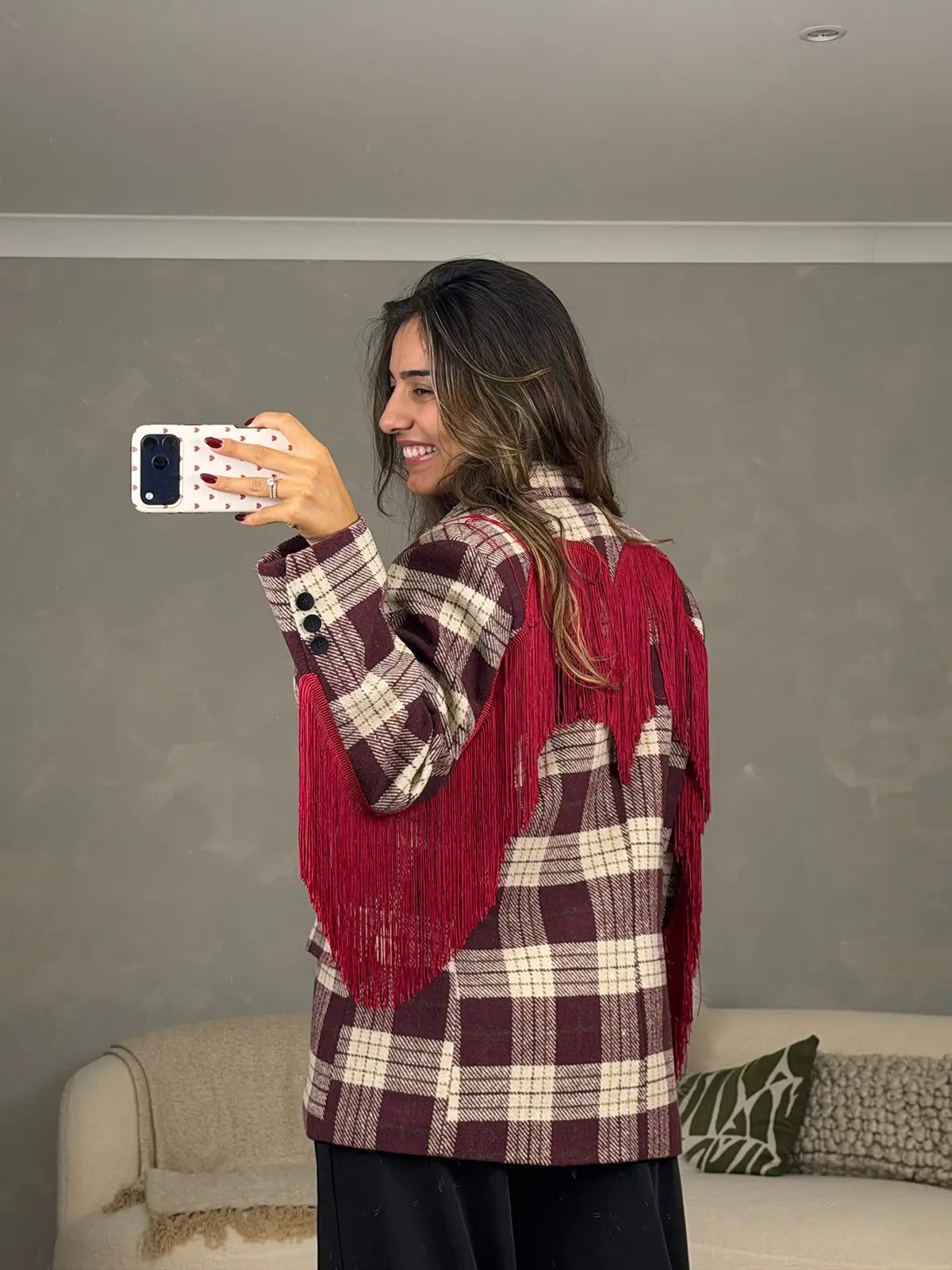 Blazer Padrão Escocês com Franjas
