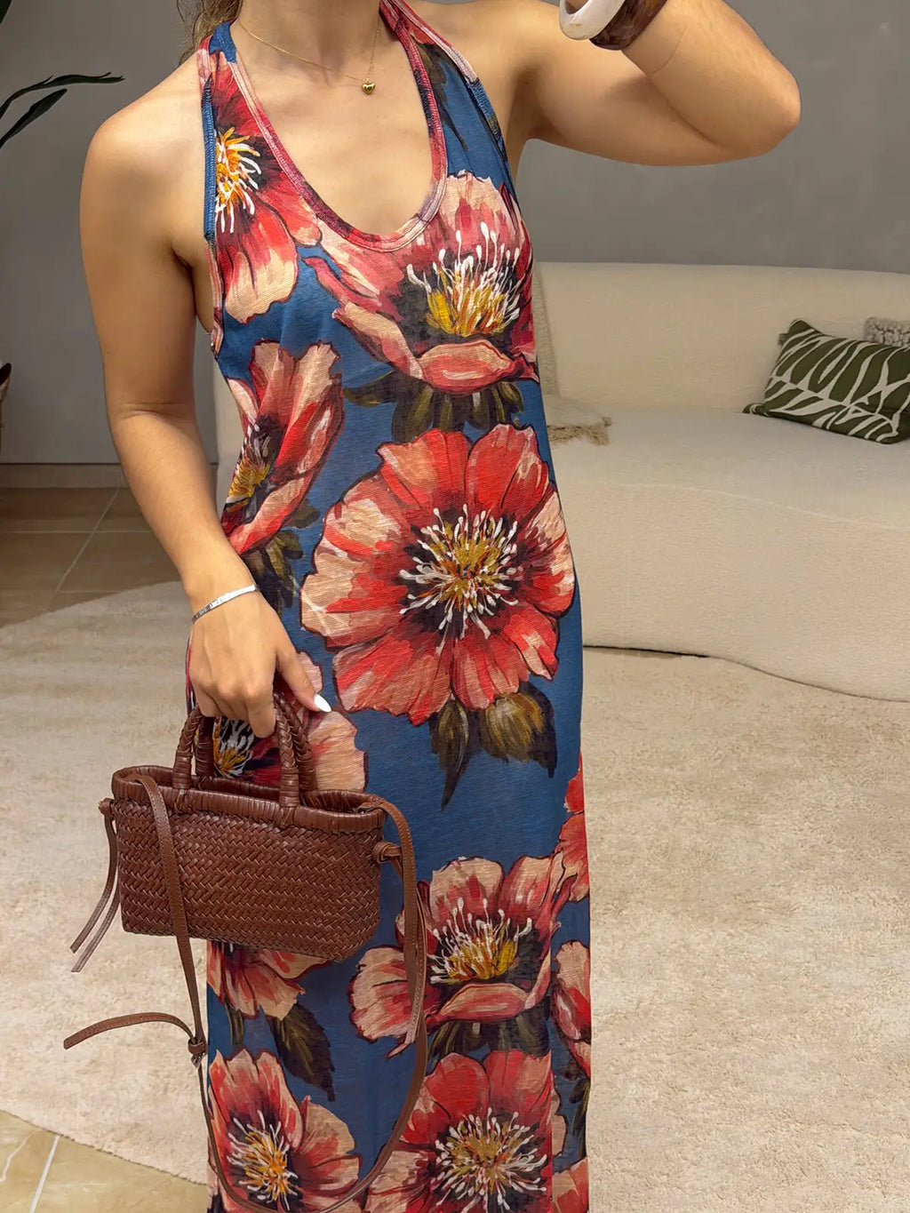 Vestido Azul Comprido Padrão Floral Lumina