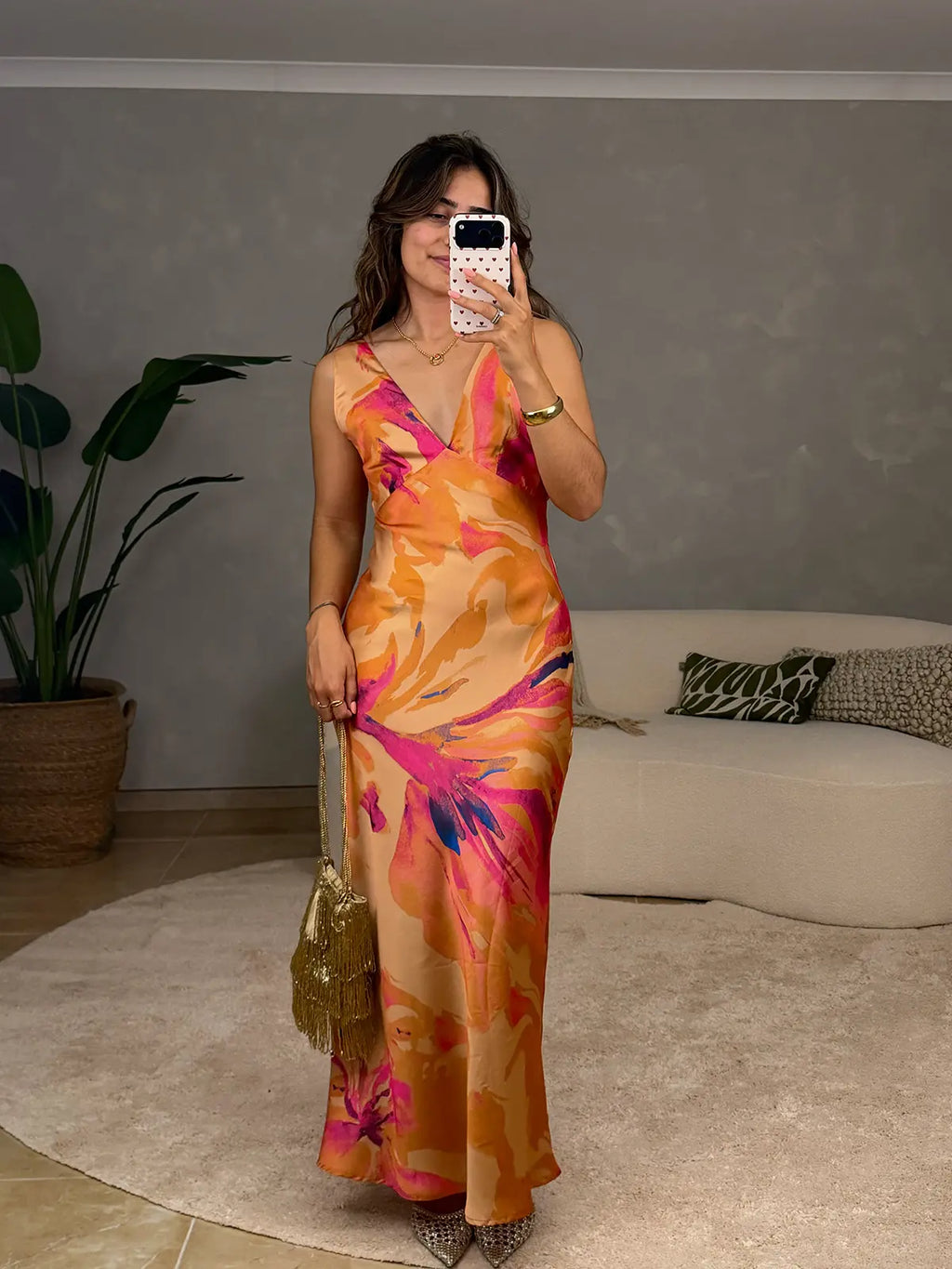Orange Satin Floral Print Dress