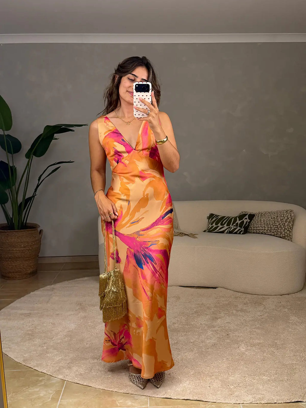 Orange Satin Floral Print Dress