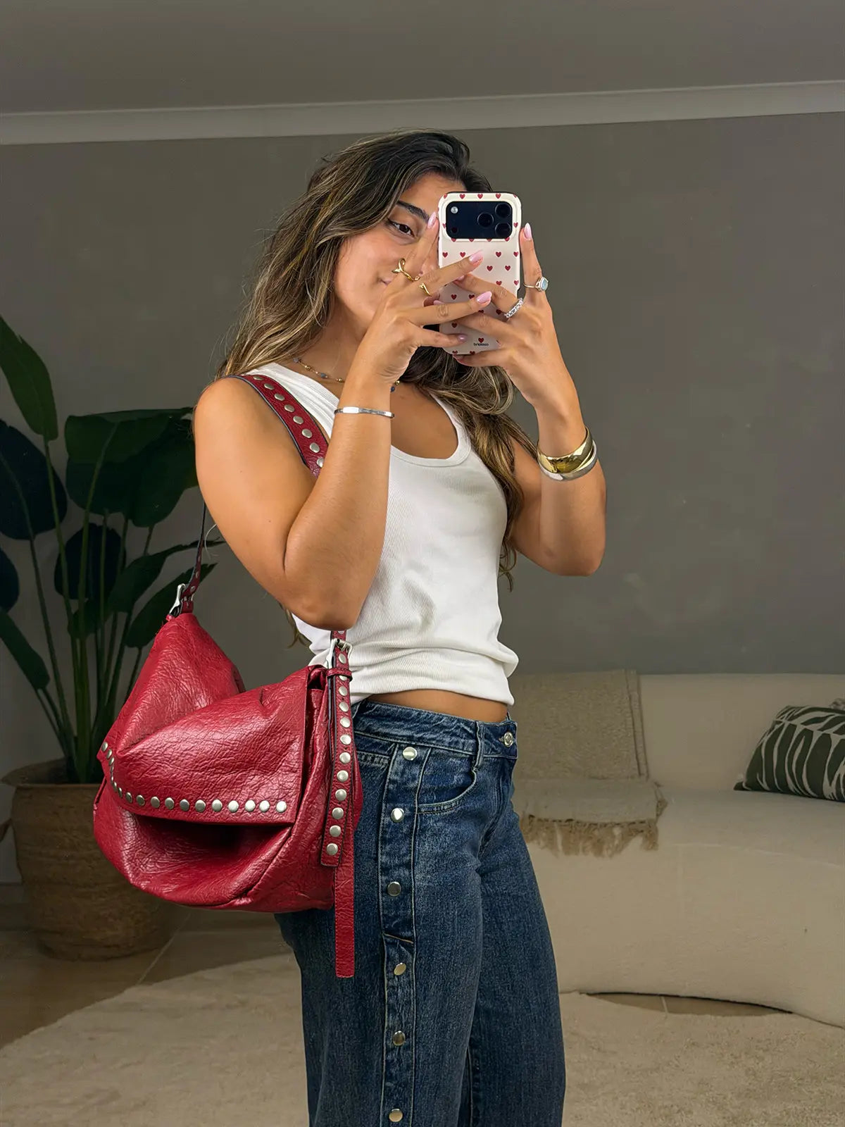 Tote Bag Efeito Pele Vermelha com Tachas