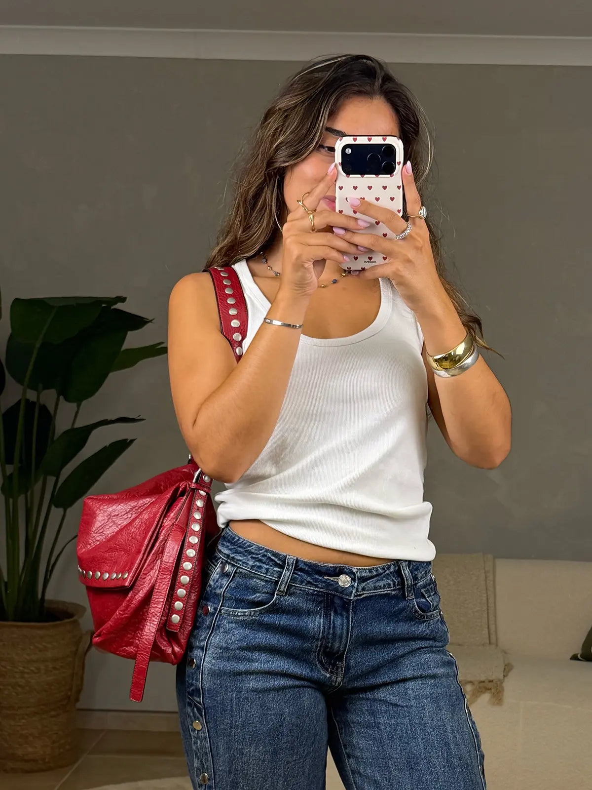 Tote Bag Efeito Pele Vermelha com Tachas