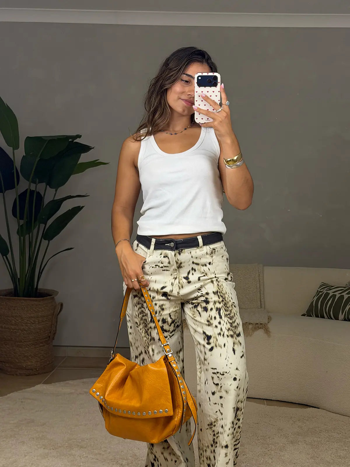 Tote Bag Efeito Pele Amarela Mostarda com Tachas