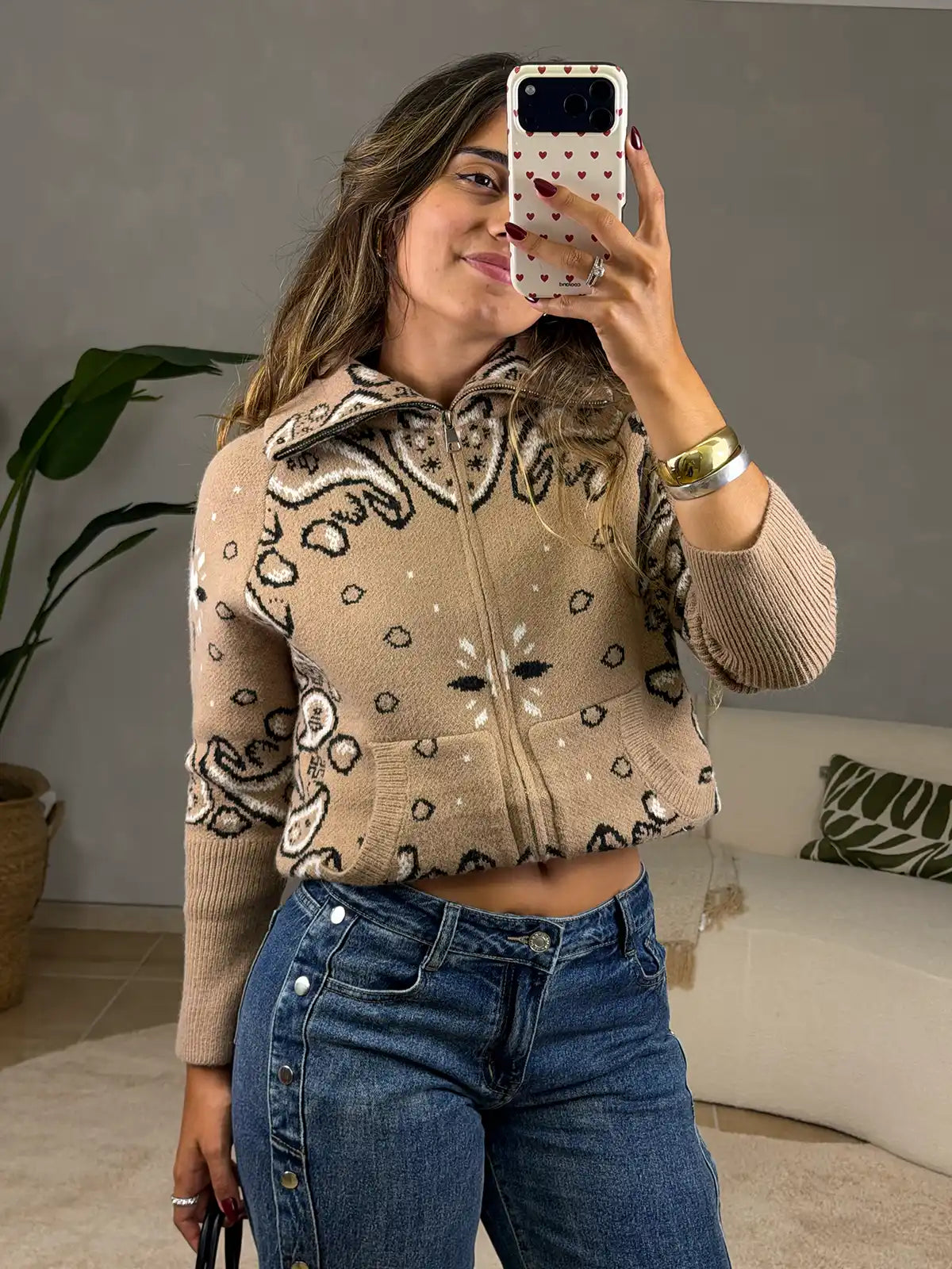 Casaco Malha Bege Padrão Bandana