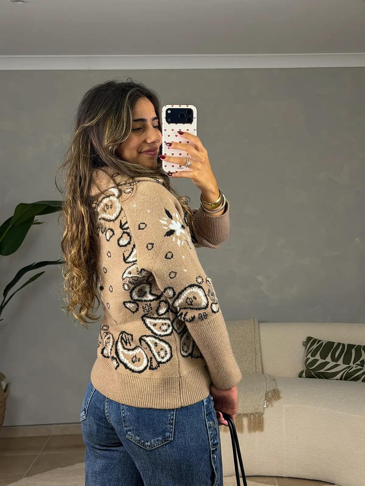 Casaco Malha Bege Padrão Bandana