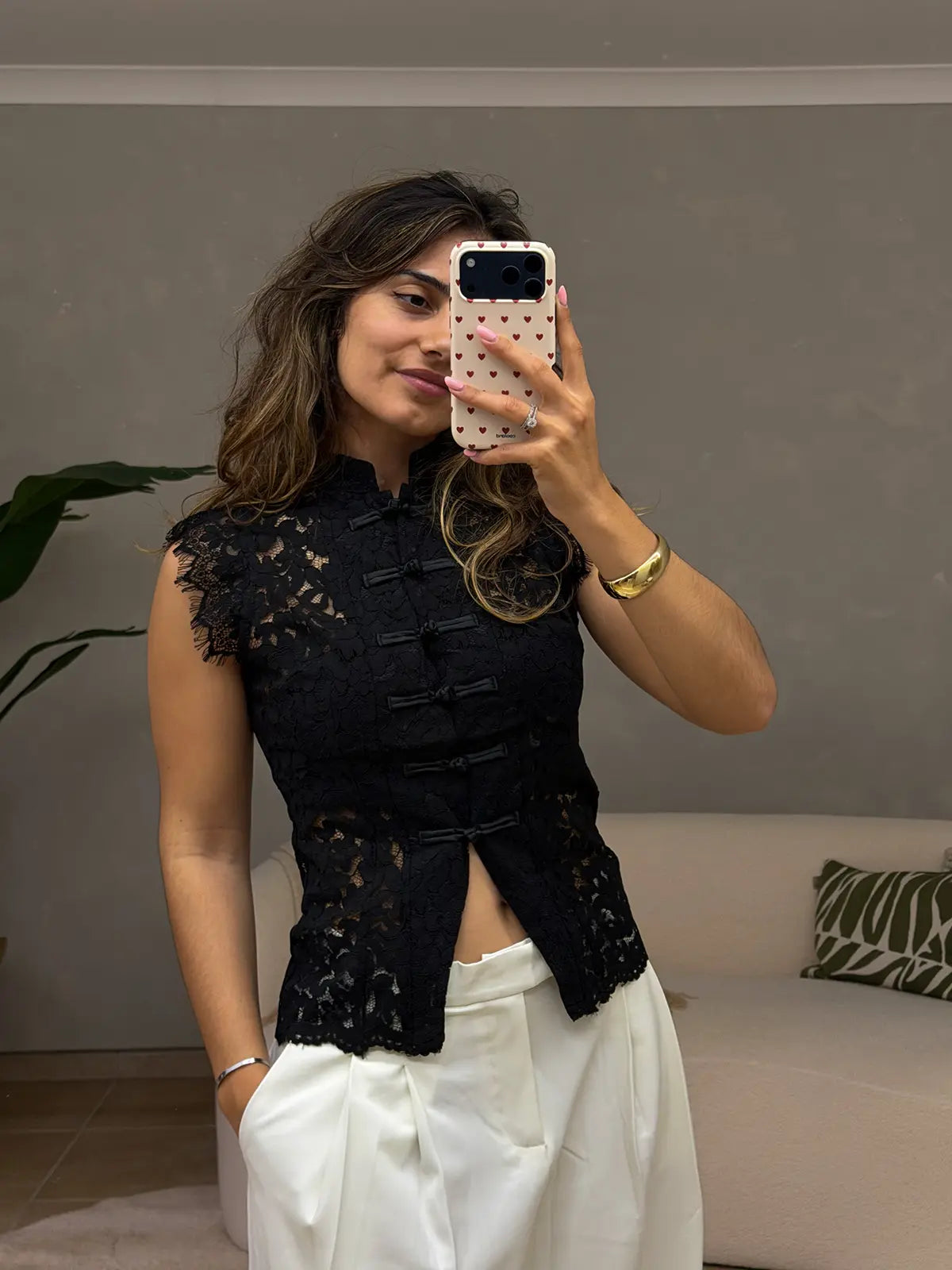 Top de Renda Preto Gola Mandarim