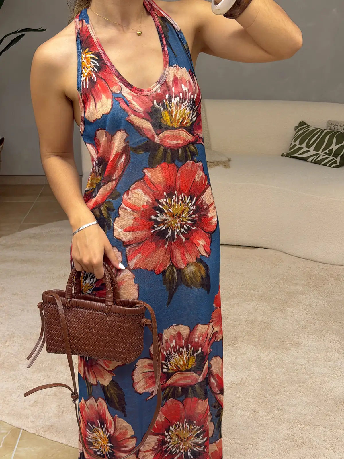 Vestido Azul Comprido Padrão Floral Lumina