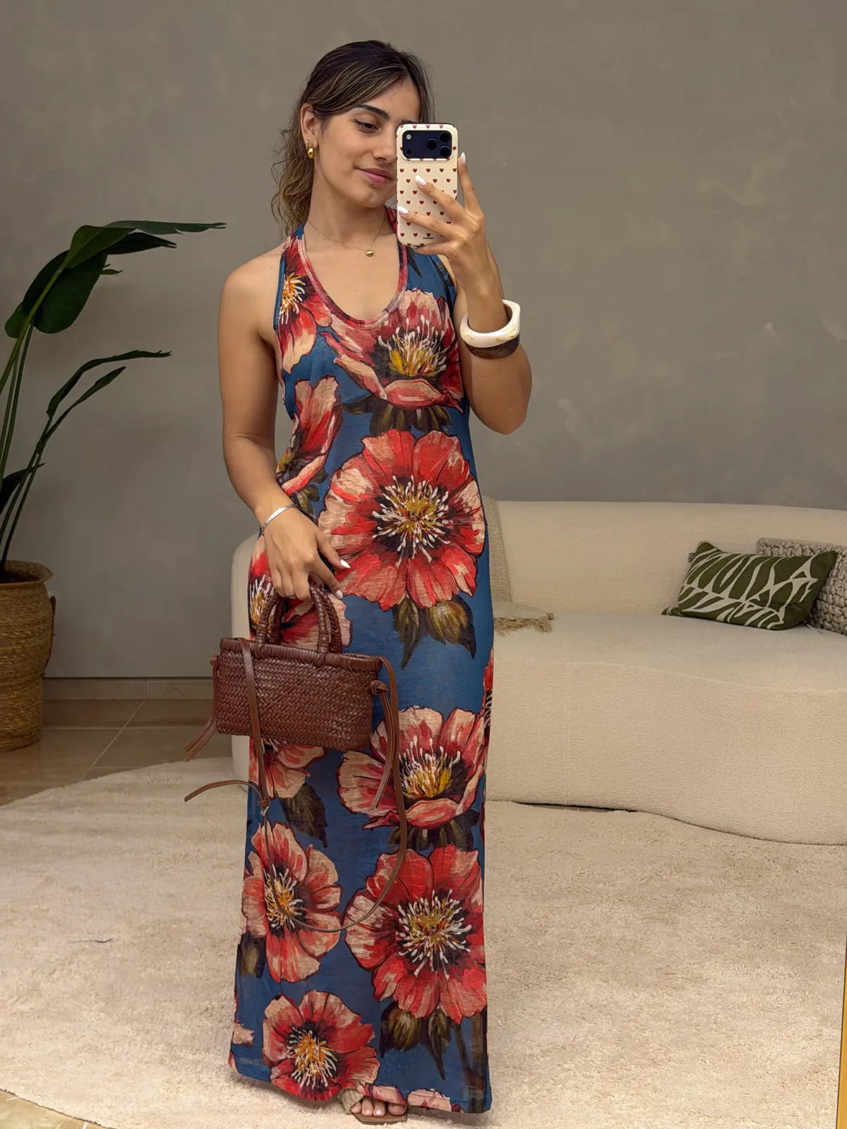 Vestido Azul Comprido Padrão Floral Lumina