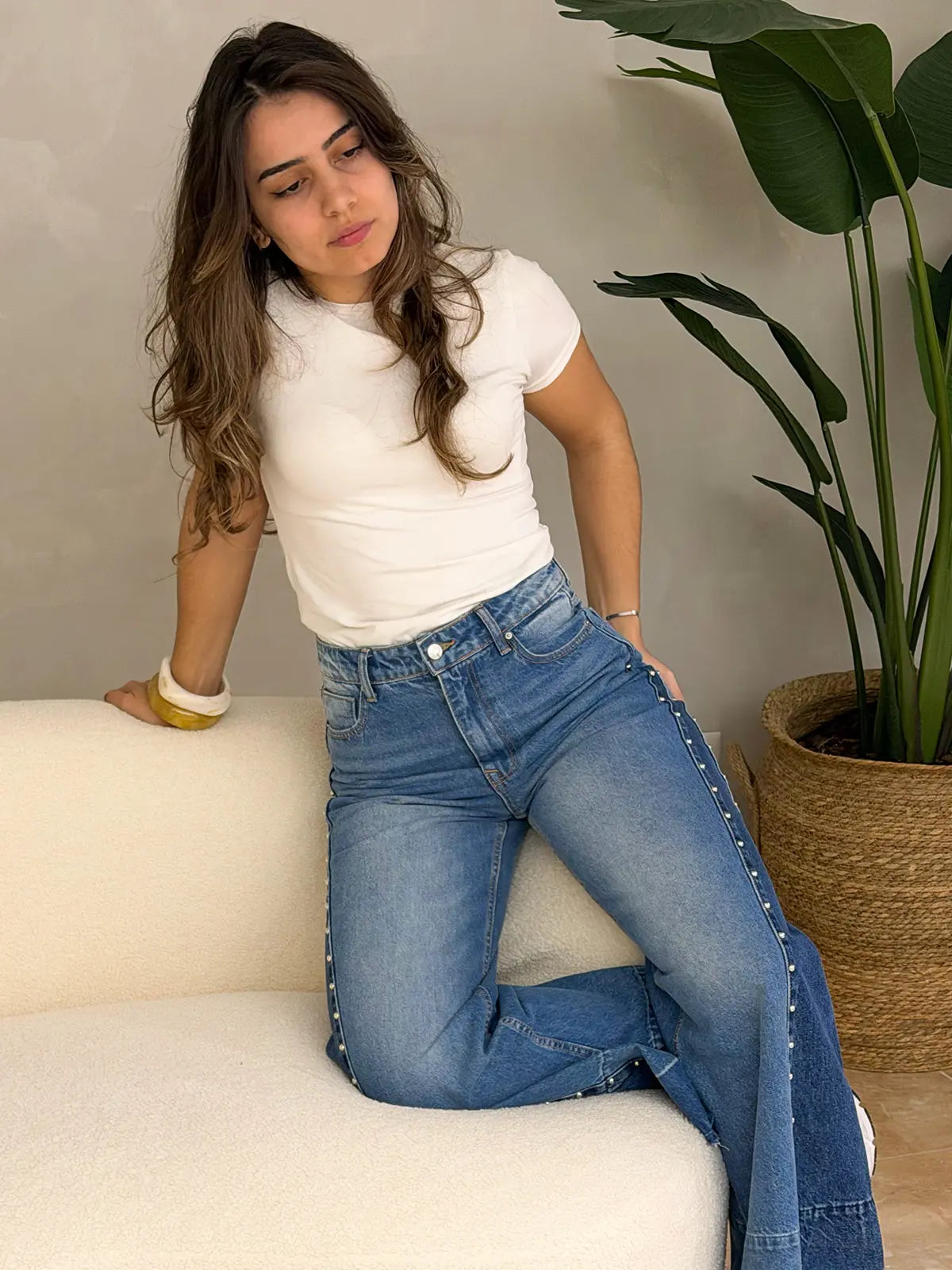 Jeans Wide Leg com Tachas