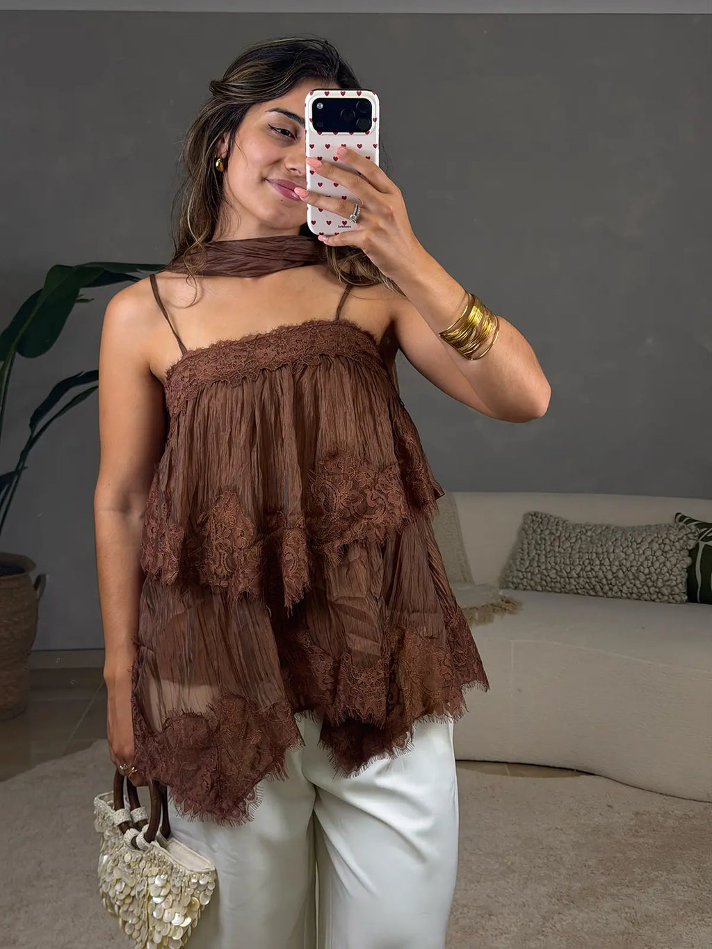 Top Boho Castanho com Renda