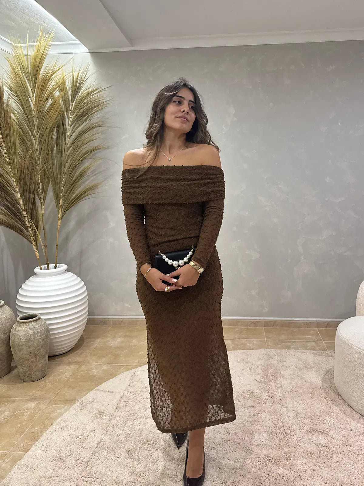 Vestido de Malha Off-the-shoulder Maxi