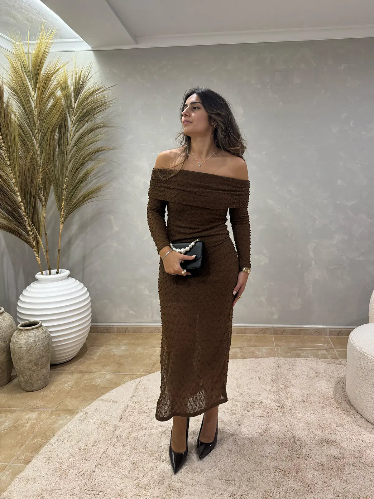 Vestido de Malha Off-the-shoulder Maxi