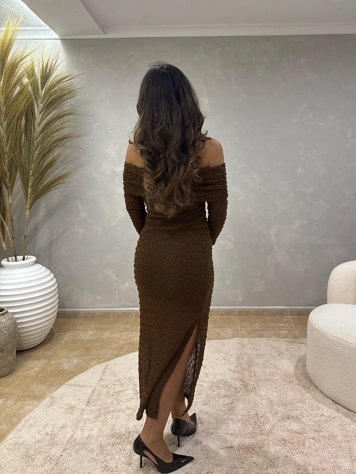 brown off the shoulder knit dress Off-Shoulder Ribbed Sweater Knit Midi Dress Brown Large