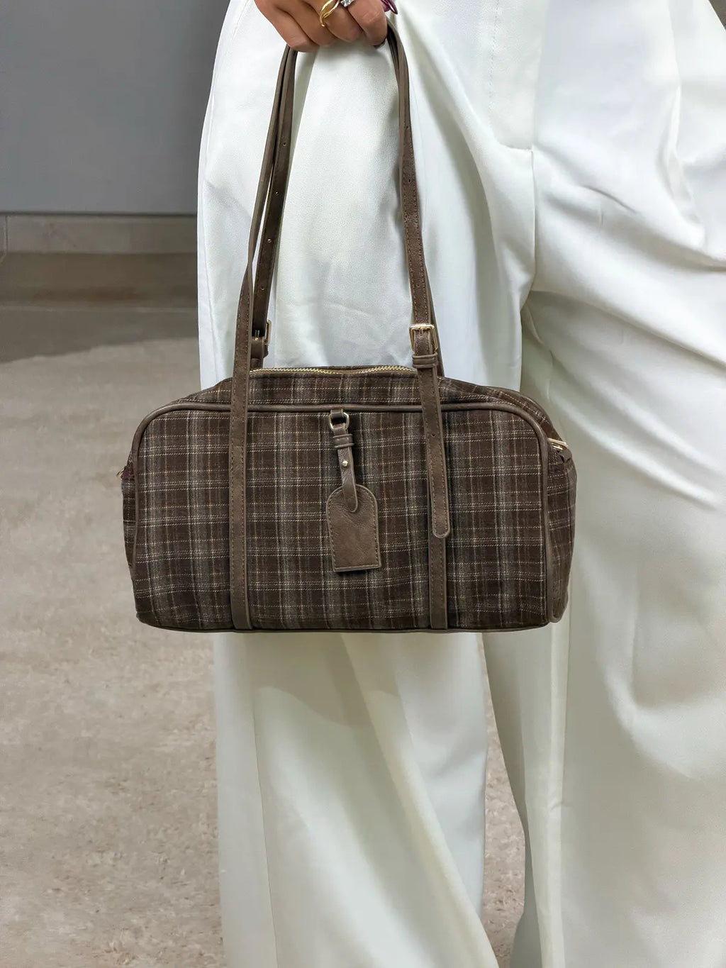 Shoulder Bag Padrão Tartã Castanha