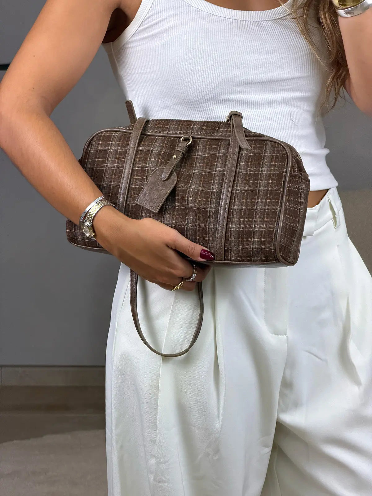 Shoulder Bag Padrão Tartã Castanha