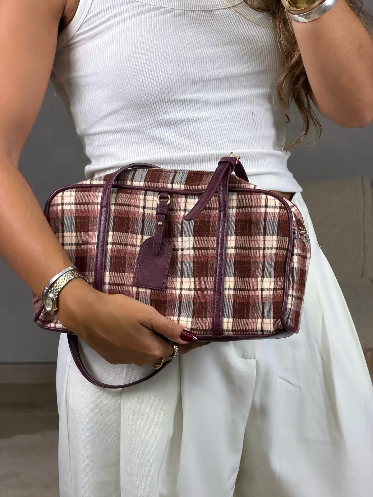 Shoulder Bag Padrão Tartã Bordô