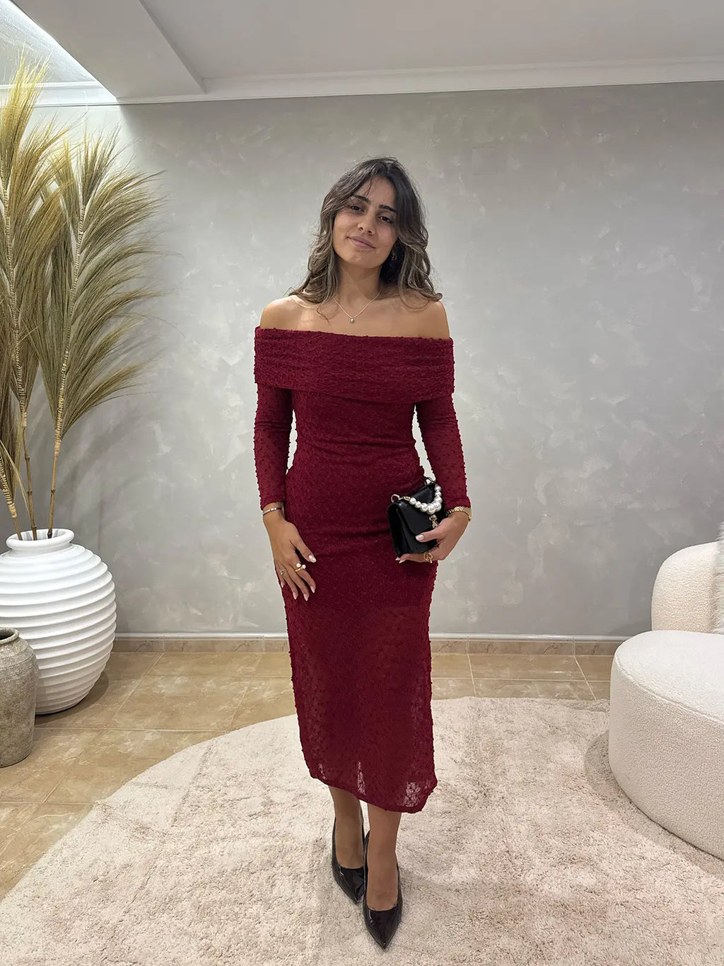 Vestido de Malha Off-the-shoulder Maxi