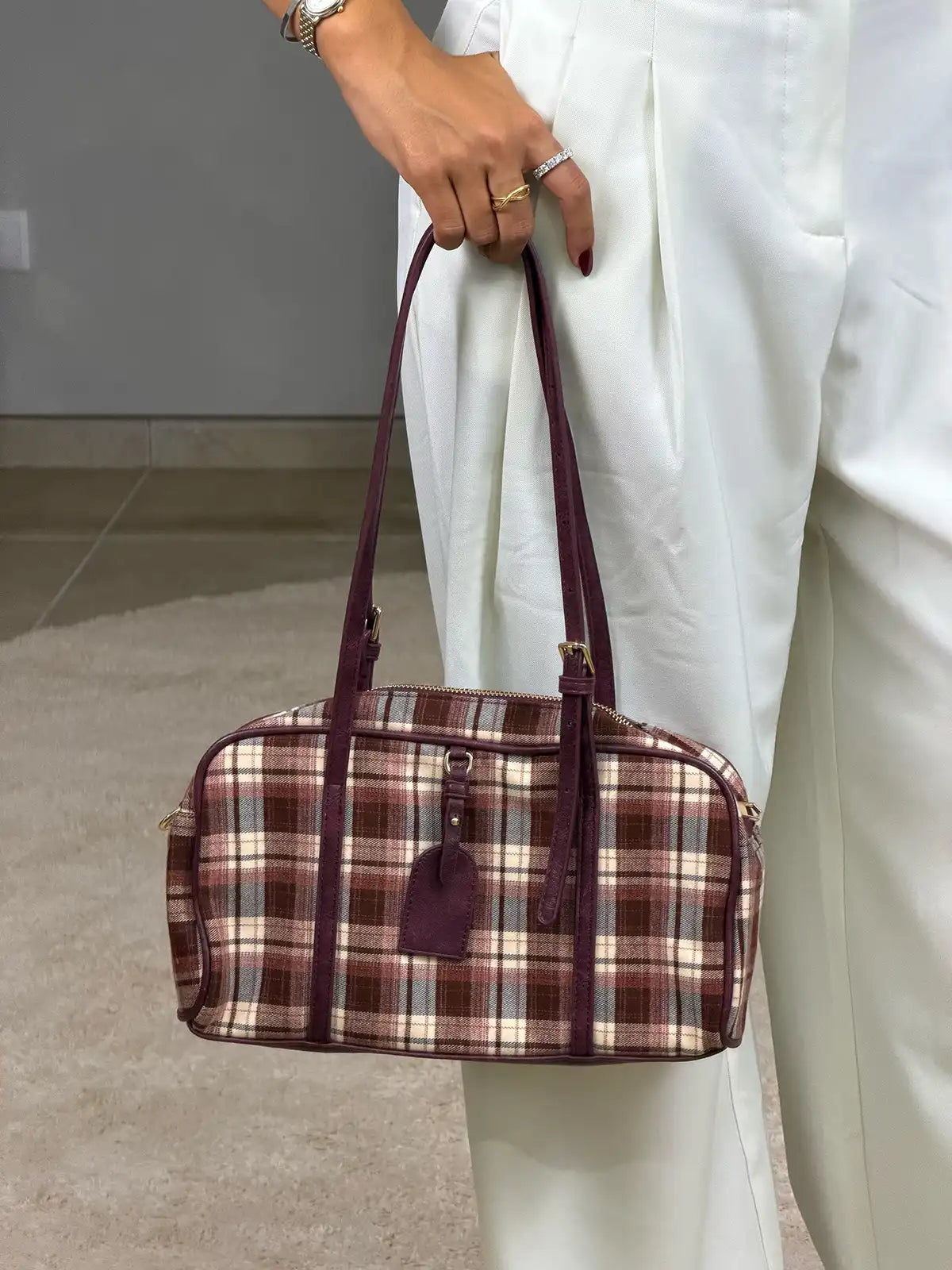 Shoulder Bag Padrão Tartã Bordô