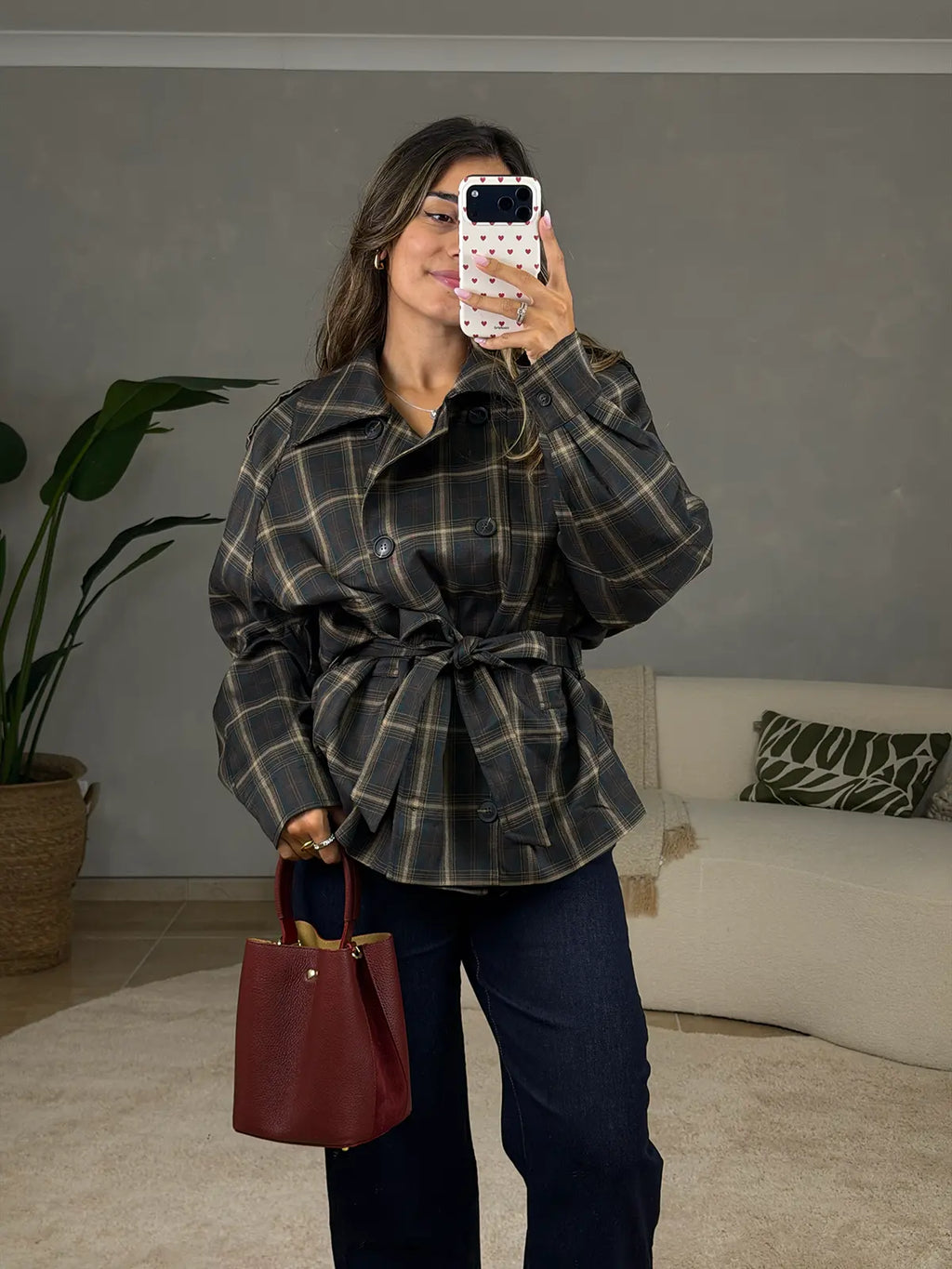 Trench Coat Padrão Vichy Castanho Chocolate com Cinto
