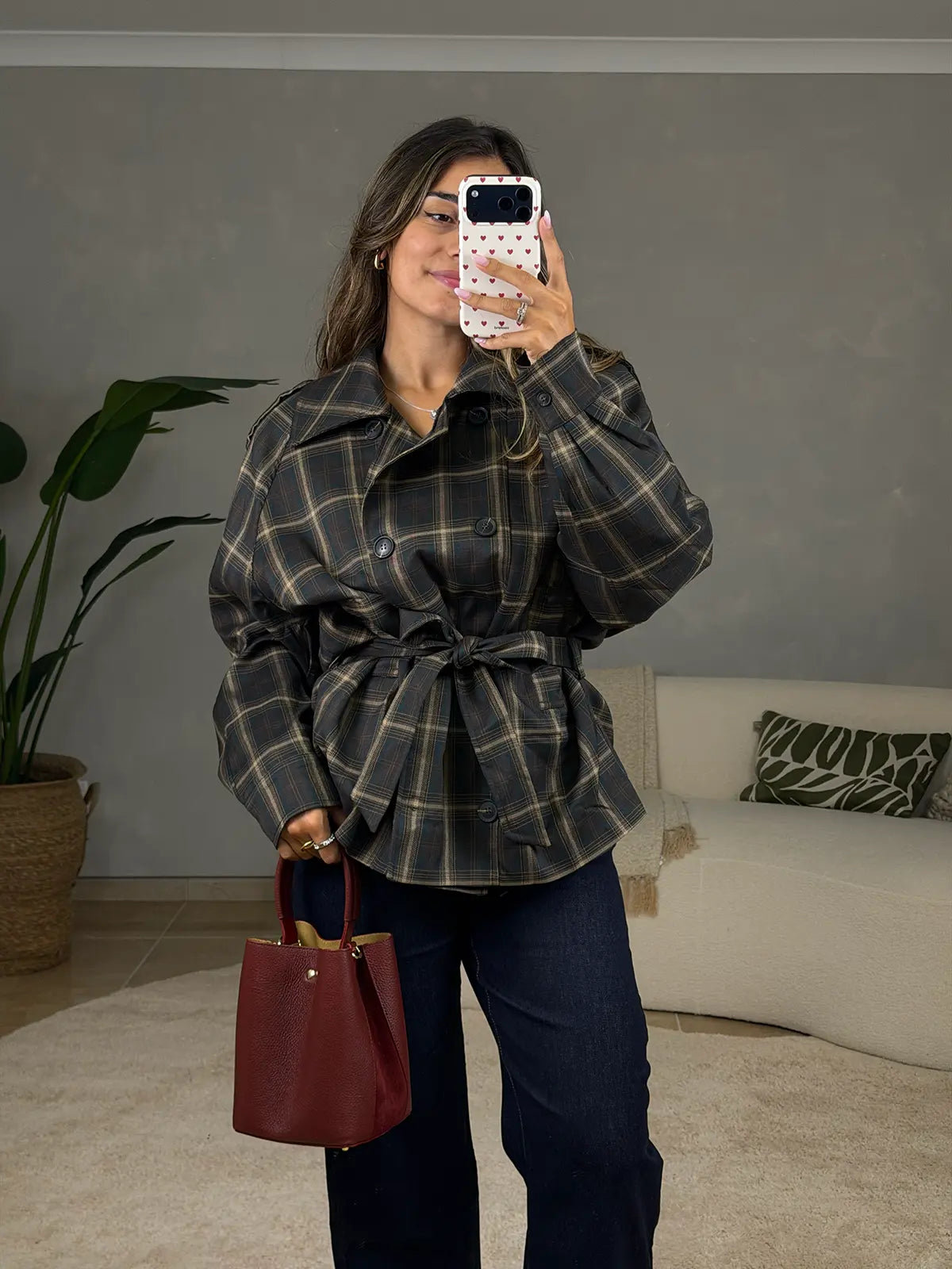 Trench Coat Padrão Vichy Castanho Chocolate com Cinto