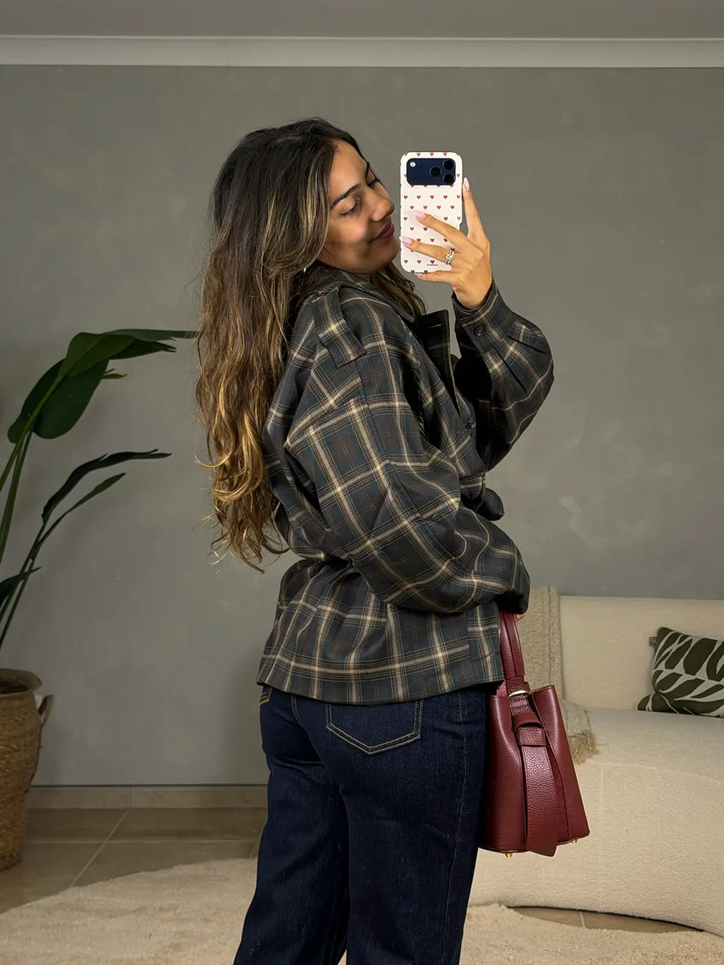 Trench Coat Padrão Vichy Castanho Chocolate com Cinto
