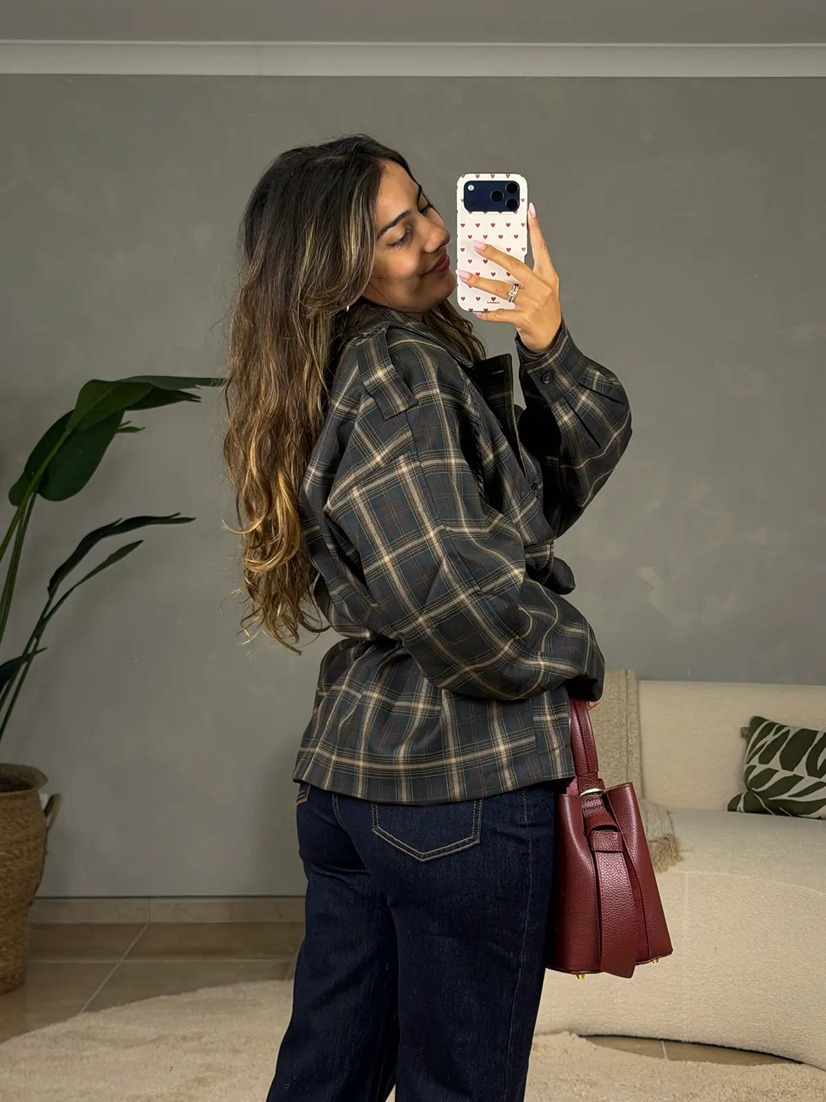 Trench Coat Padrão Vichy Castanho Chocolate com Cinto