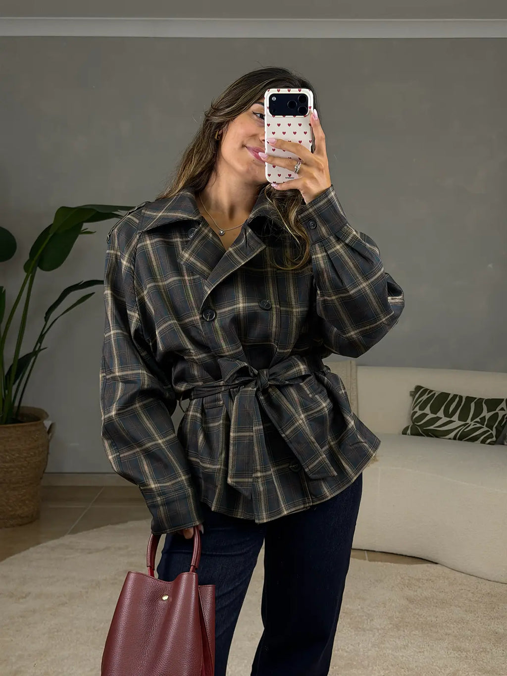 Trench Coat Padrão Vichy Castanho Chocolate com Cinto