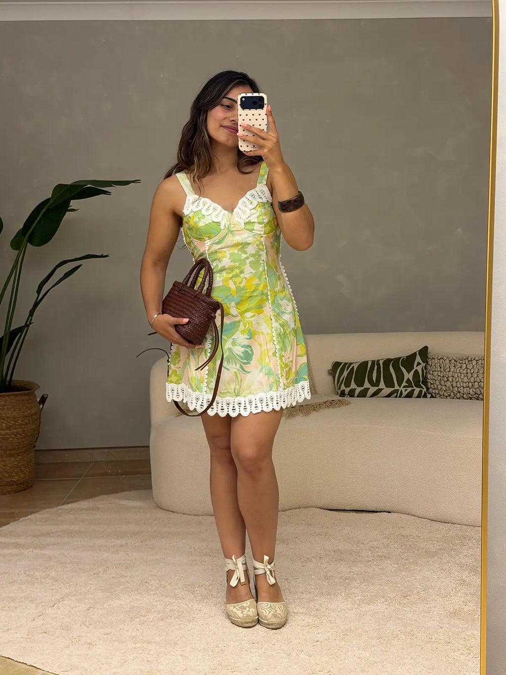 Green Floral Dress with Lace Details