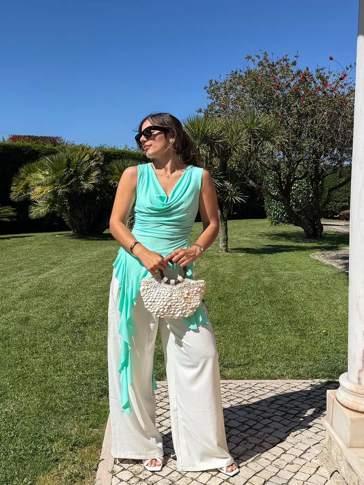 Top com Folhos Azul Turquesa