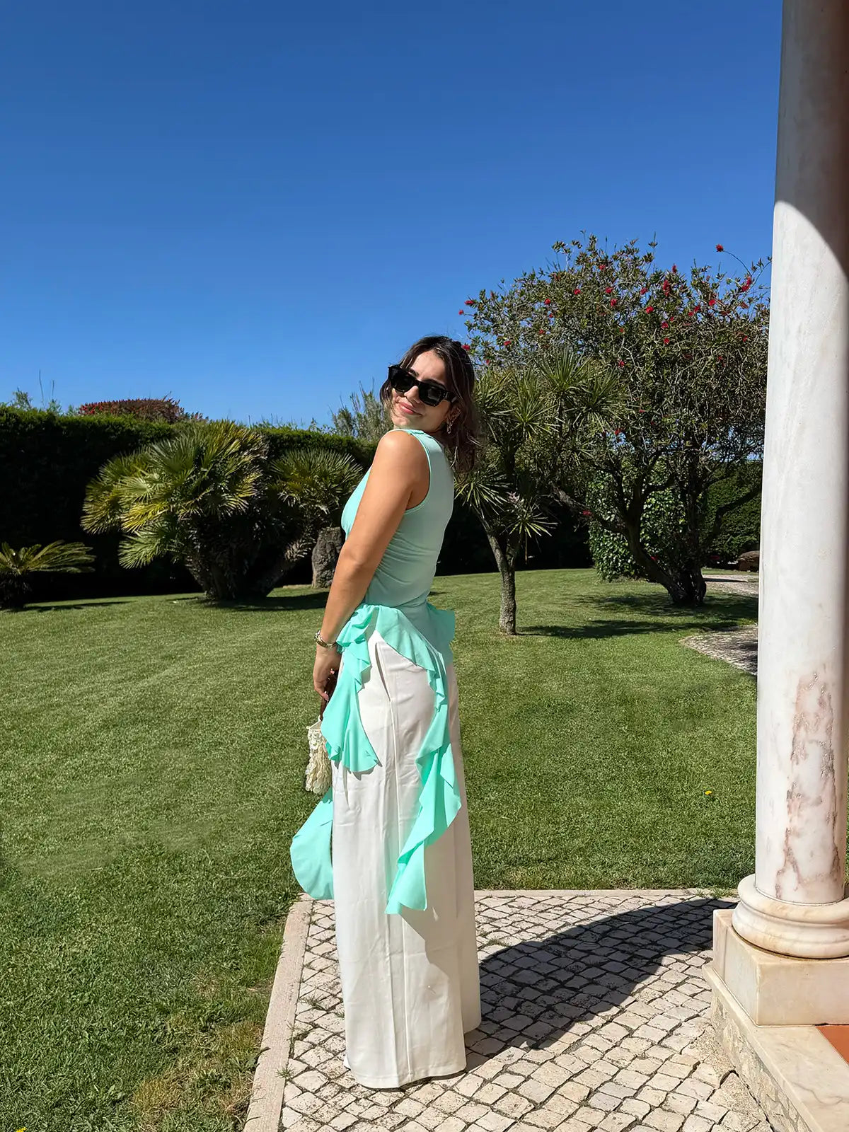 Top com Folhos Azul Turquesa