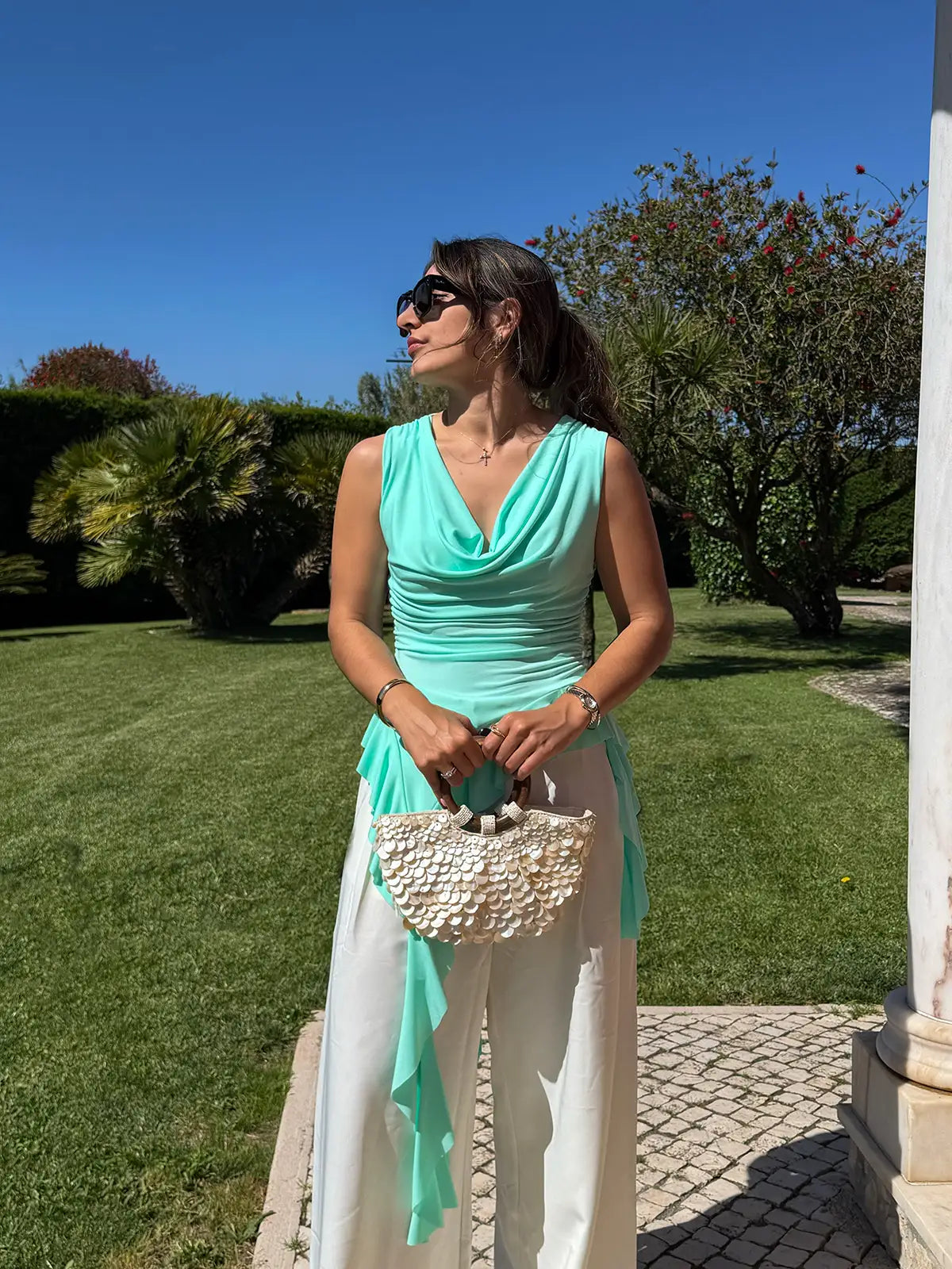 Top com Folhos Azul Turquesa