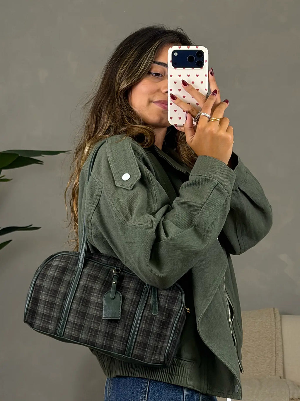 Casaco de Sarja Verde Oversized com Gola Alta
