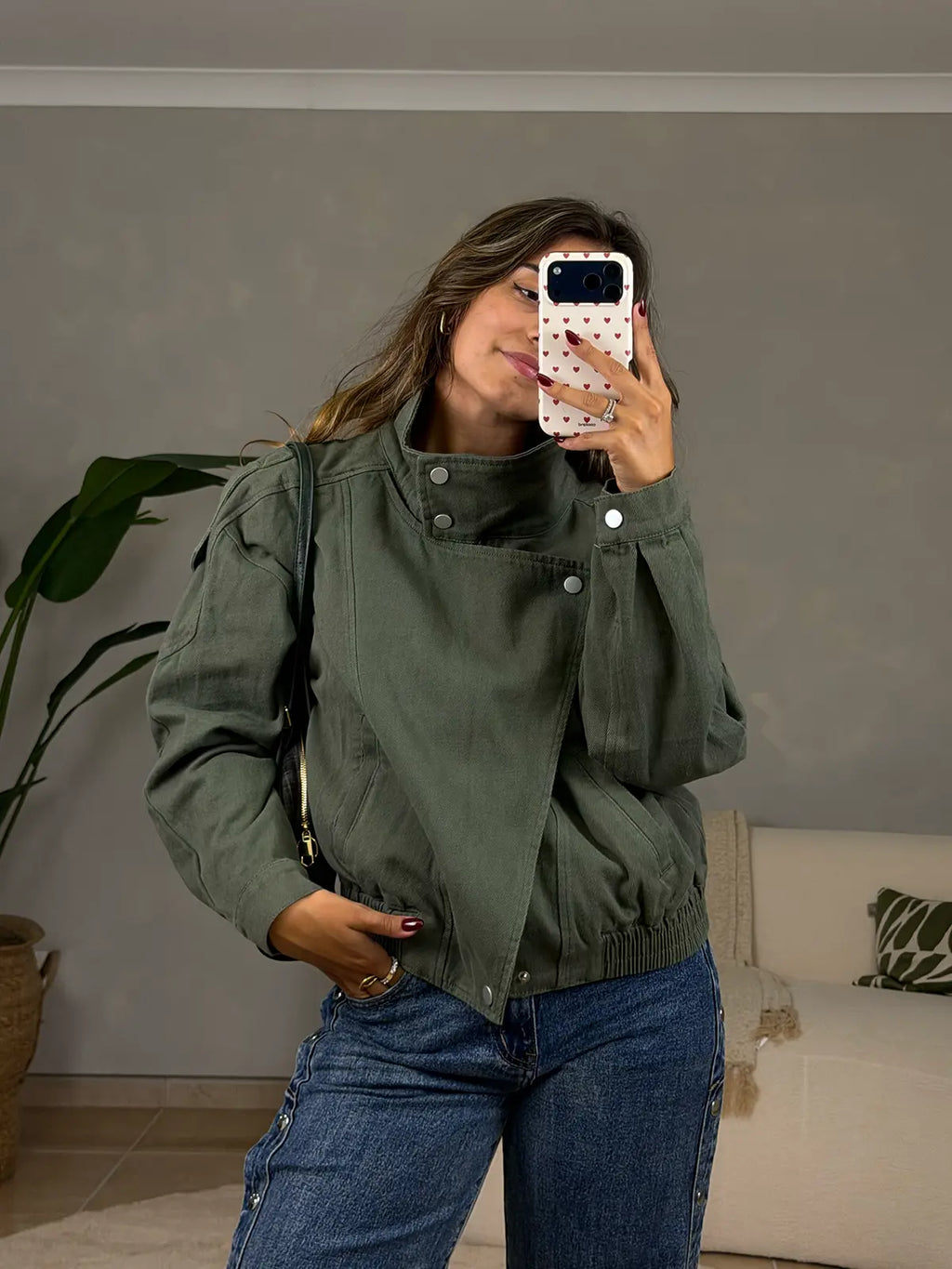 Casaco de Sarja Verde Oversized com Gola Alta