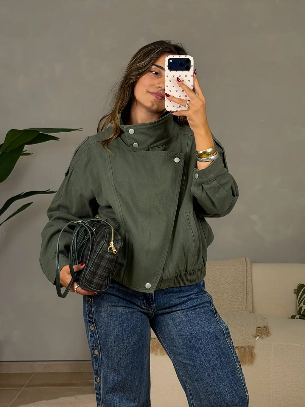 Casaco de Sarja Verde Oversized com Gola Alta