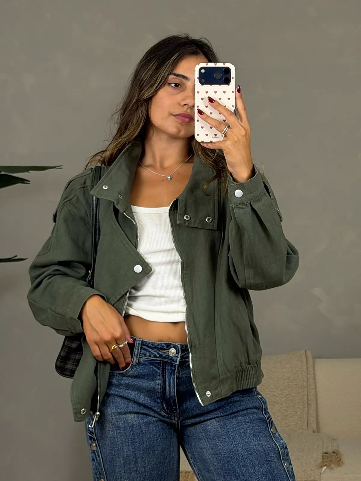 Casaco de Sarja Verde Oversized com Gola Alta