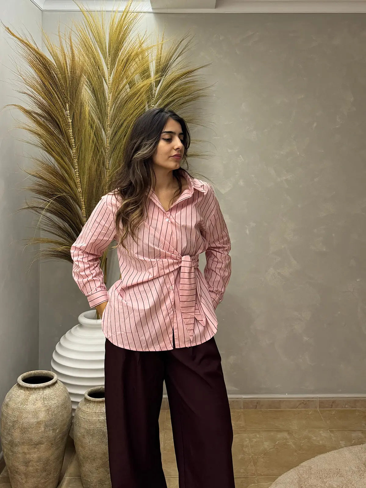 Camisa às Riscas Rosa com Laço