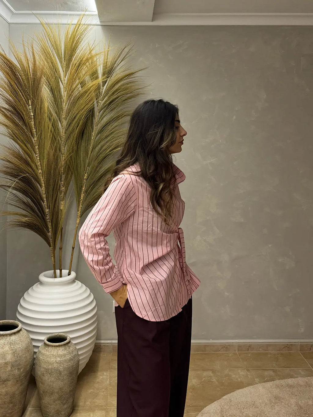 Camisa às Riscas Rosa com Laço