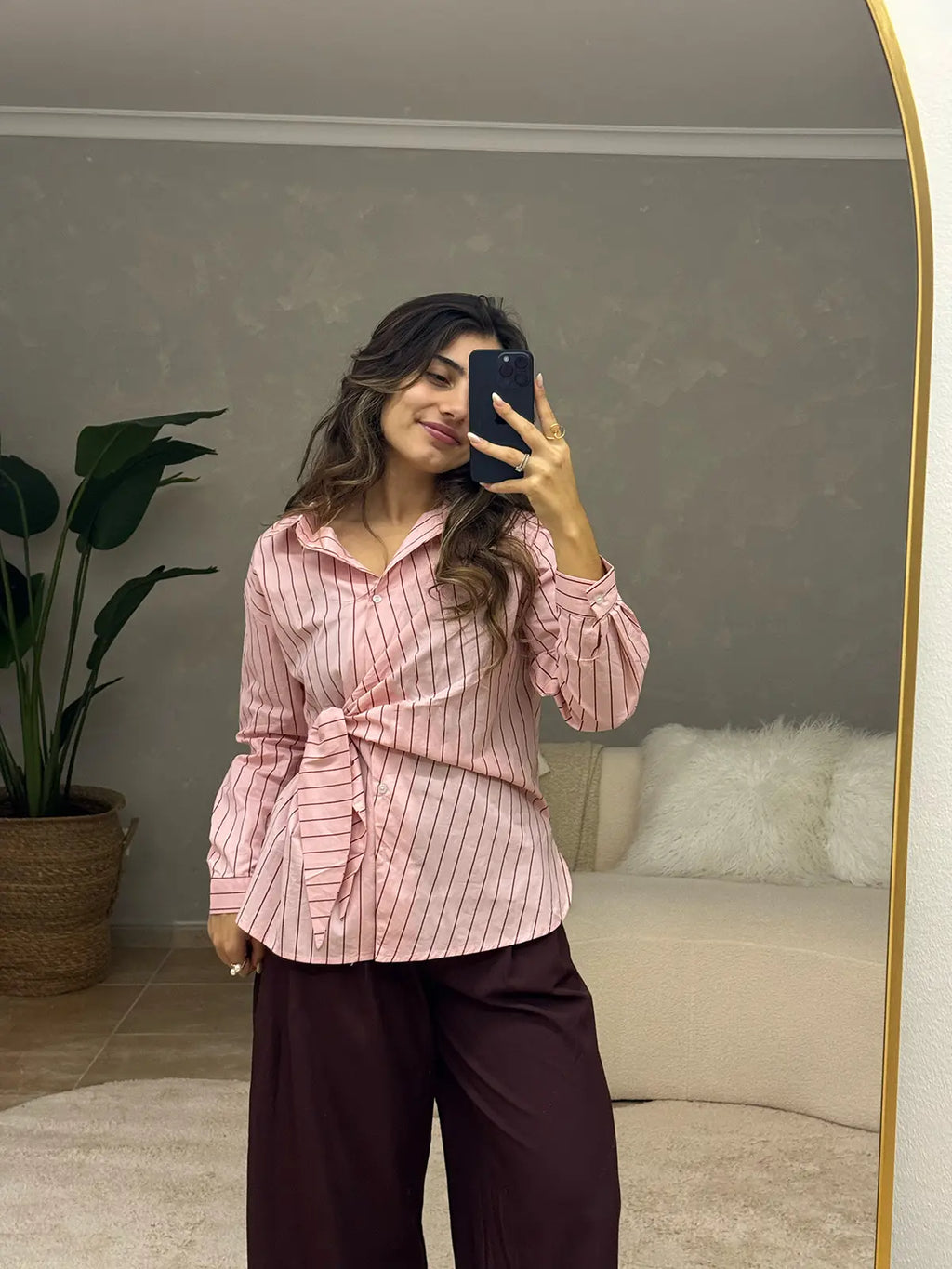 Camisa às Riscas Rosa com Laço
