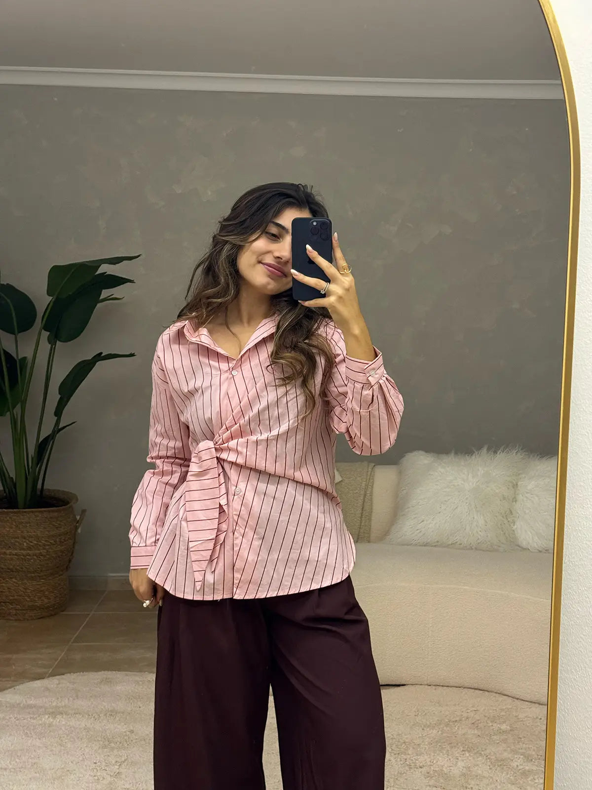 Camisa às Riscas Rosa com Laço