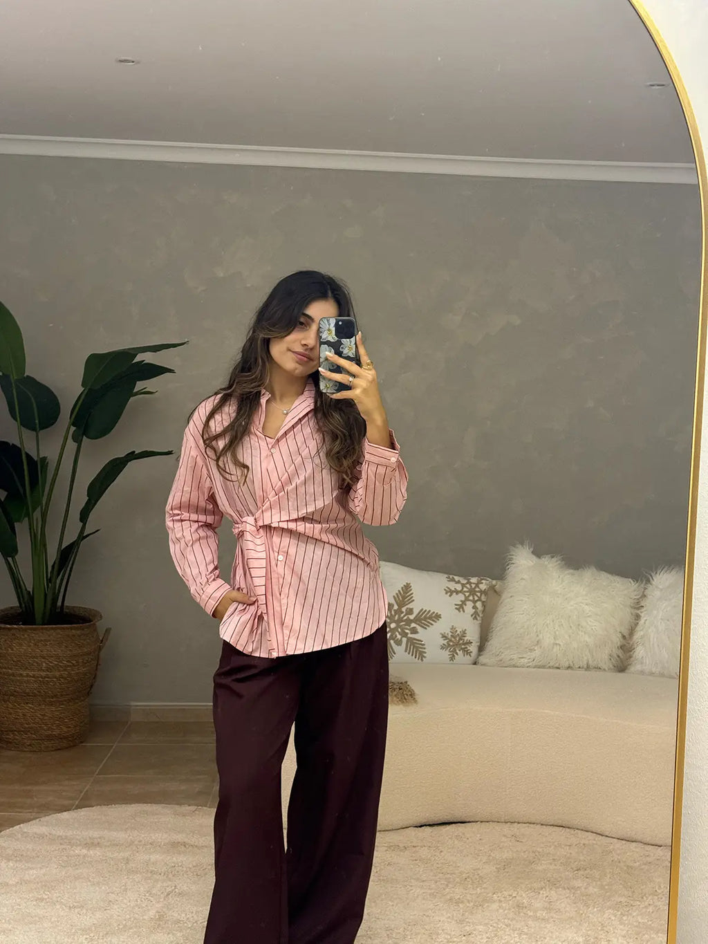 Camisa às Riscas Rosa com Laço