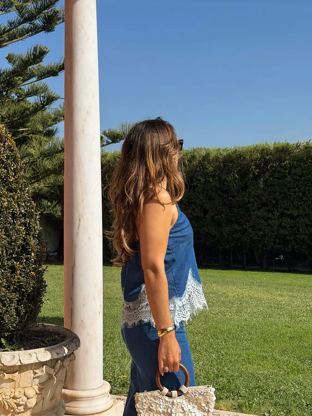 Top Denim com Renda